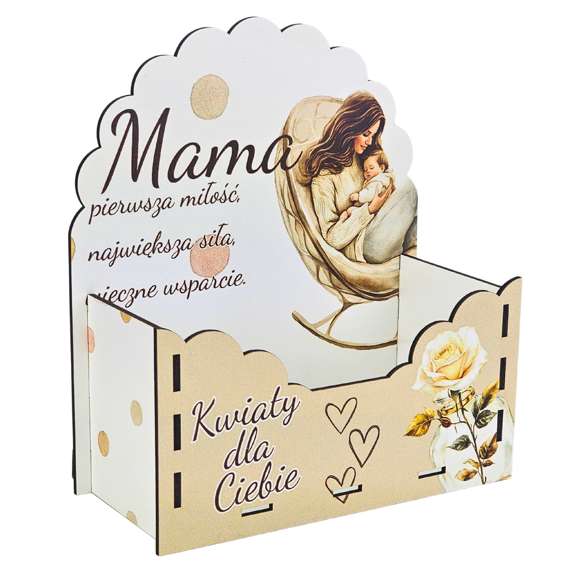 Flower box dla Mamy | pudełko prezentowe – Mama pierwsza miłość – idealny prezent – wzór Mama beżowa #3319-M2