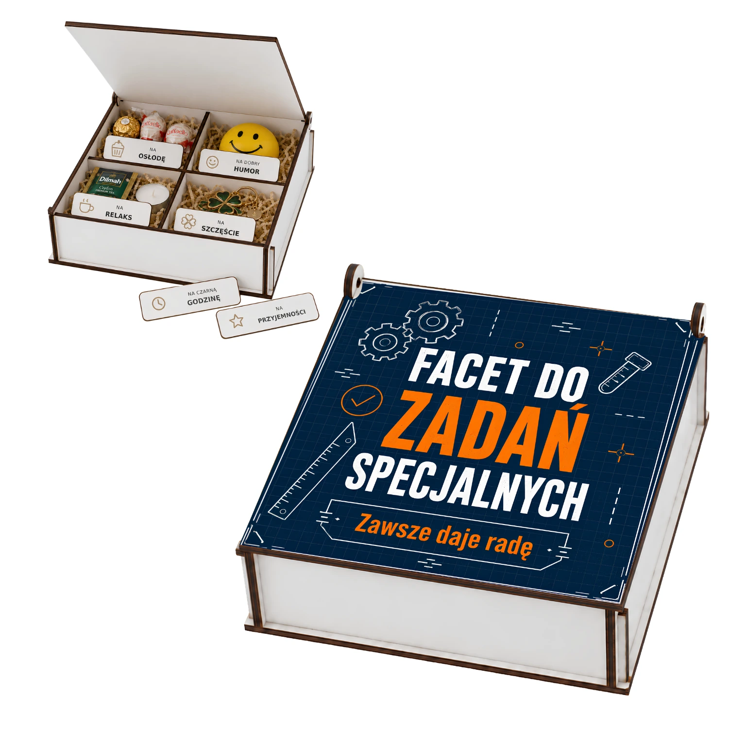Niezbędnik – pudełko prezentowe z tabliczkami – prezent dla faceta – wzór Facet do zadań specjalnych (specjalista) – #3422-CHK17