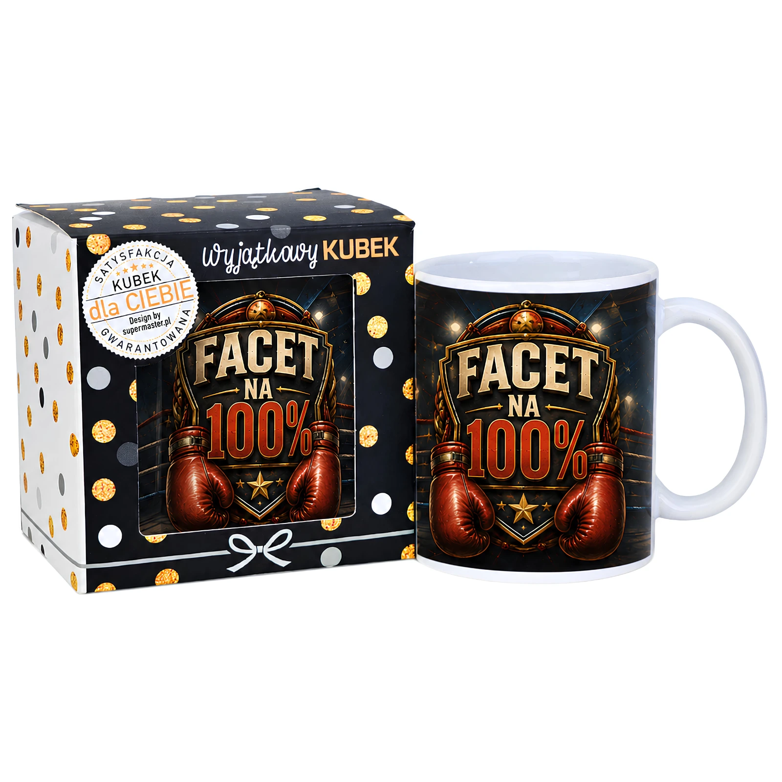 Kubek w opakowaniu – Facet na 100% – prezent dla faceta – wzór boks #3309-CHK16