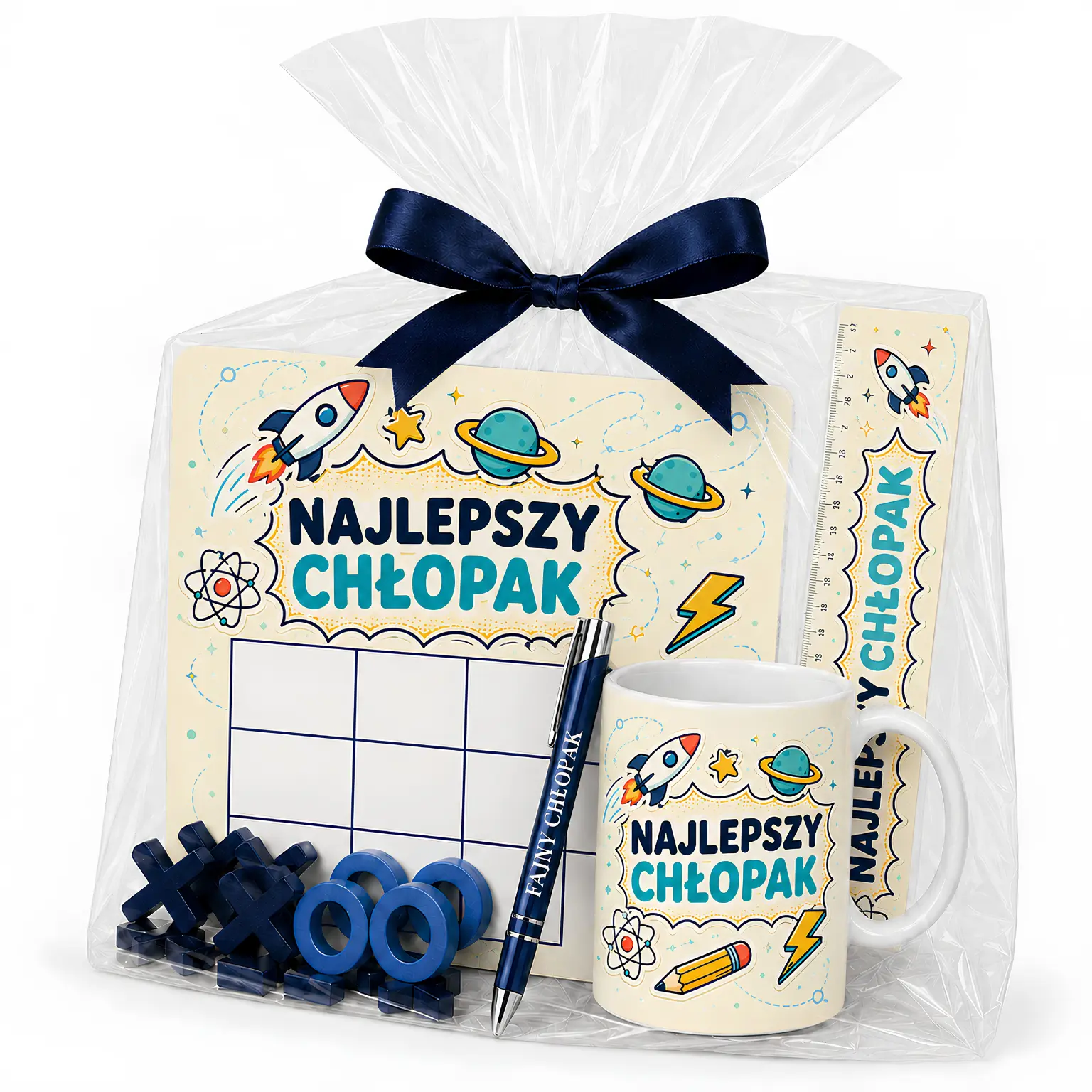 Zestaw KUBEK + GRA + DŁUGOPIS + LINIJKA prezent dla chłopaka – Najlepszy Chłopak (rakieta) –   #3421-CHK22