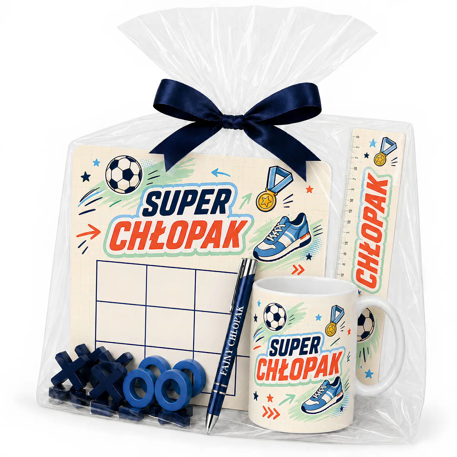Zestaw KUBEK + GRA + DŁUGOPIS + LINIJKA prezent dla chłopaka – Super Chłopak (piłka) –   #3421-CHK24