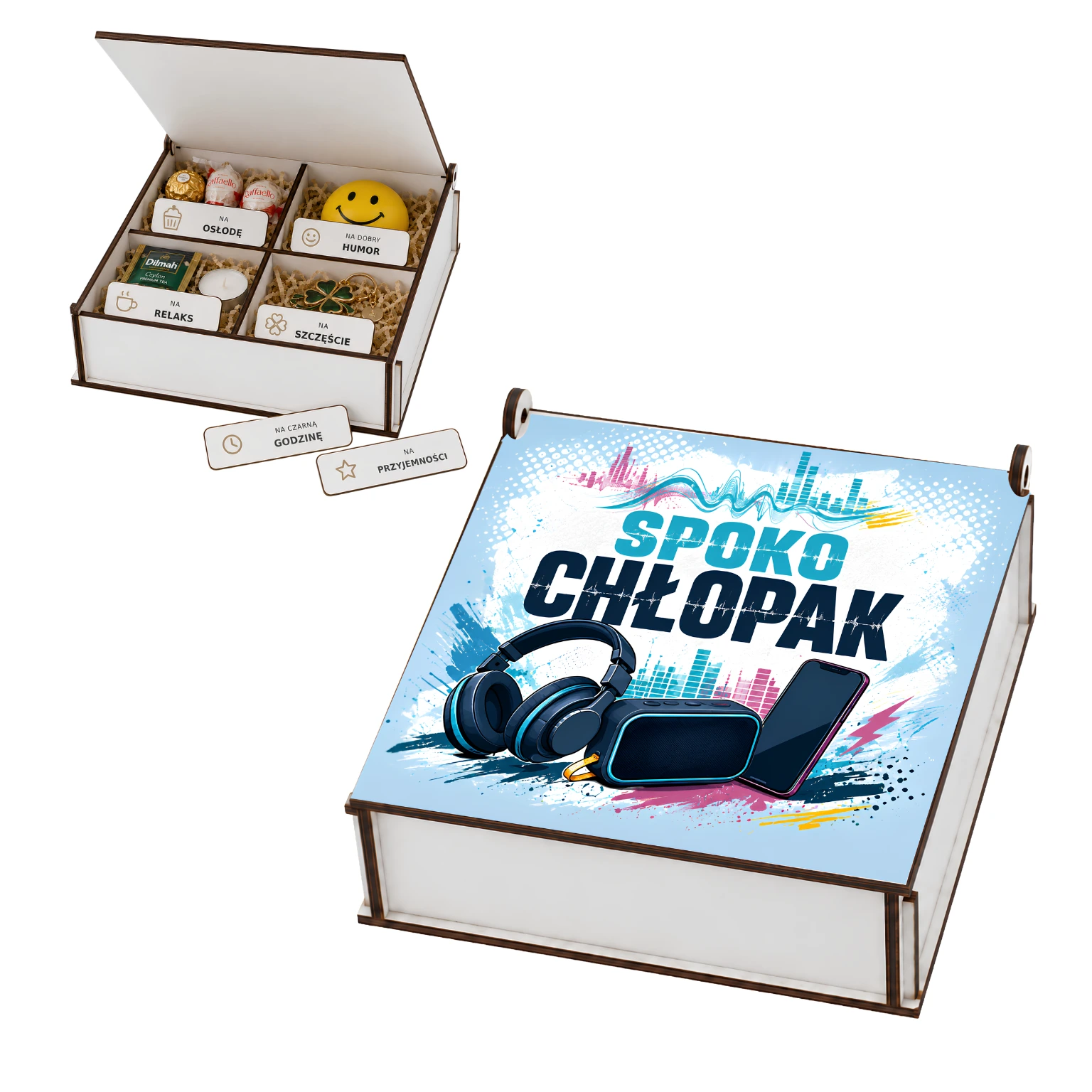 Niezbędnik – pudełko prezentowe z tabliczkami – prezent dla chłopaka – wzór Chłopak z klasą – #3422-CHK20