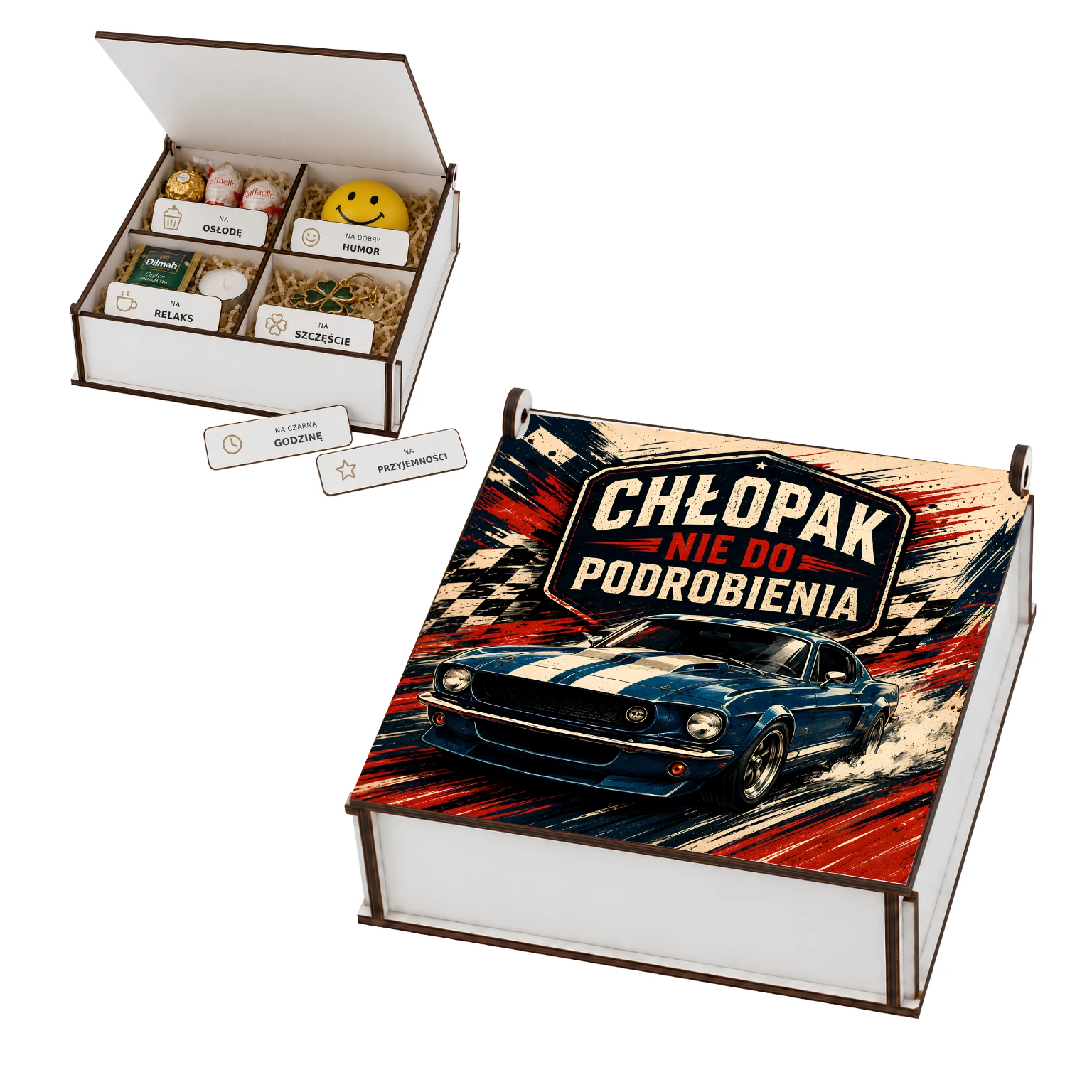 Niezbędnik – pudełko prezentowe z tabliczkami – prezent dla chłopaka – wzór Chłopak nie do podrobienia (auto) – #3422-CHK05