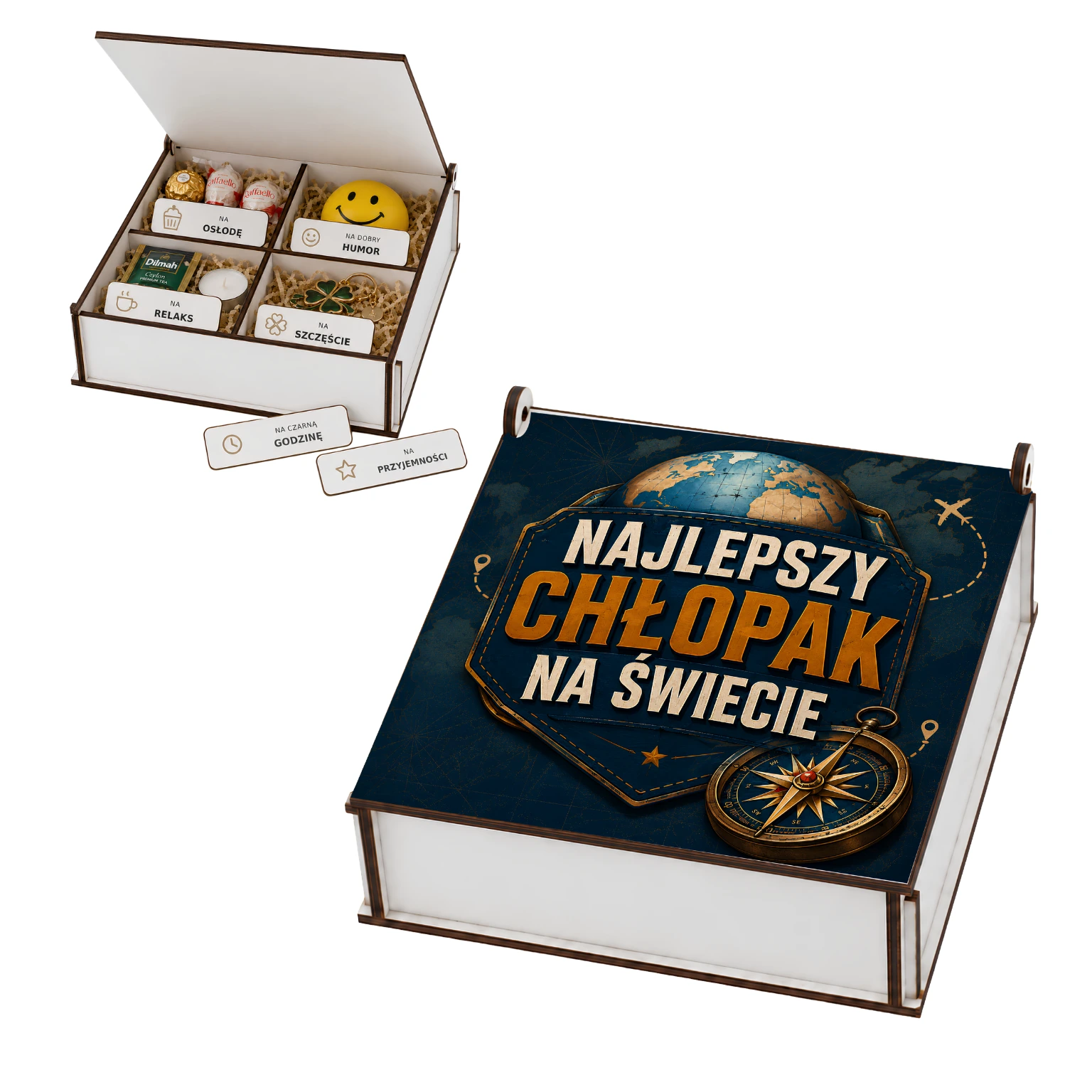 Niezbędnik – pudełko prezentowe z tabliczkami – prezent dla chłopaka – wzór Najlepszy Chłopak na świecie (świat) – #3422-CHK08