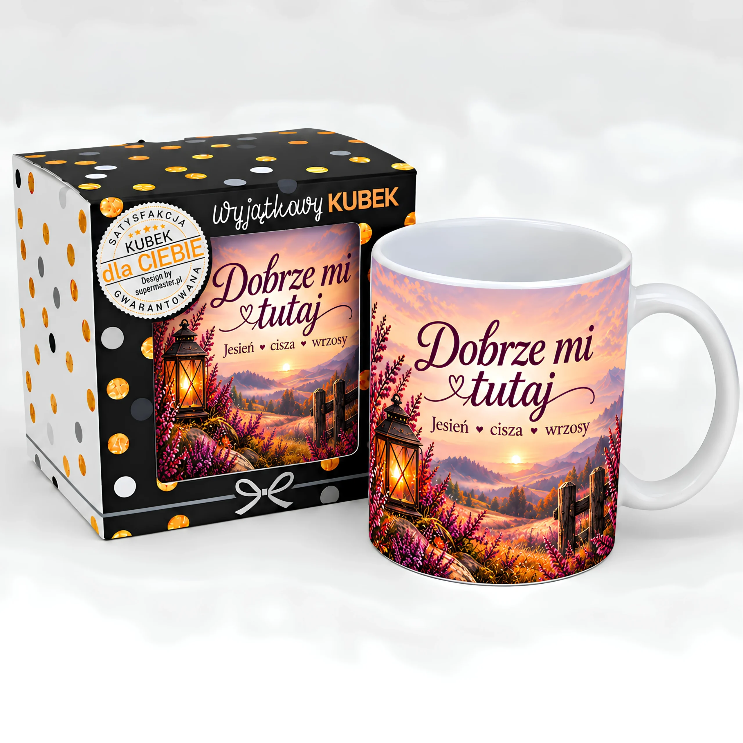Jesienny Kubek w opakowaniu prezent dla Jesieniary – DOBRZE MI TUTAJ – JESIEŃ, CISZA, WRZOSY – #3309-J6