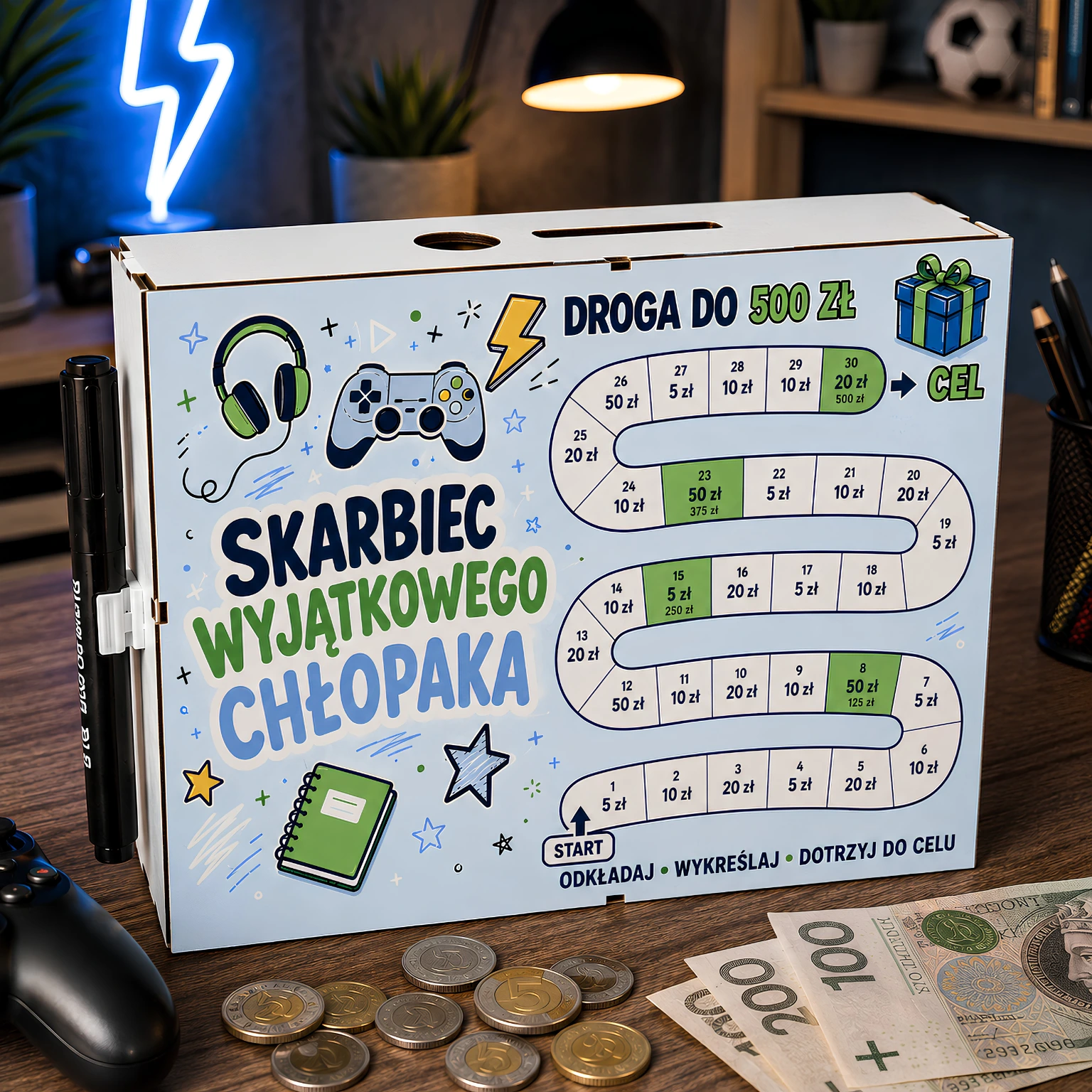 Skarbonka Droga do Celu – wykreślanka – prezent dla chłopaka – wzór Skarbiec Wyjątkowego Chłopaka (notes) – #3423-CHK25