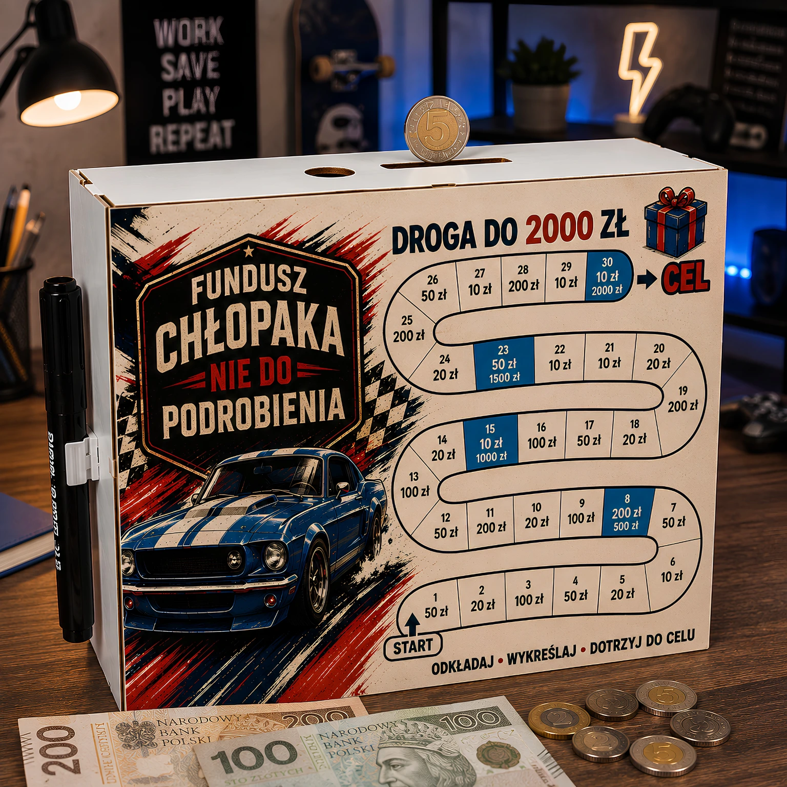 Skarbonka Droga do Celu – wykreślanka – prezent dla chłopaka – wzór Chłopak nie do podrobienia (auto) – #3423-CHK05