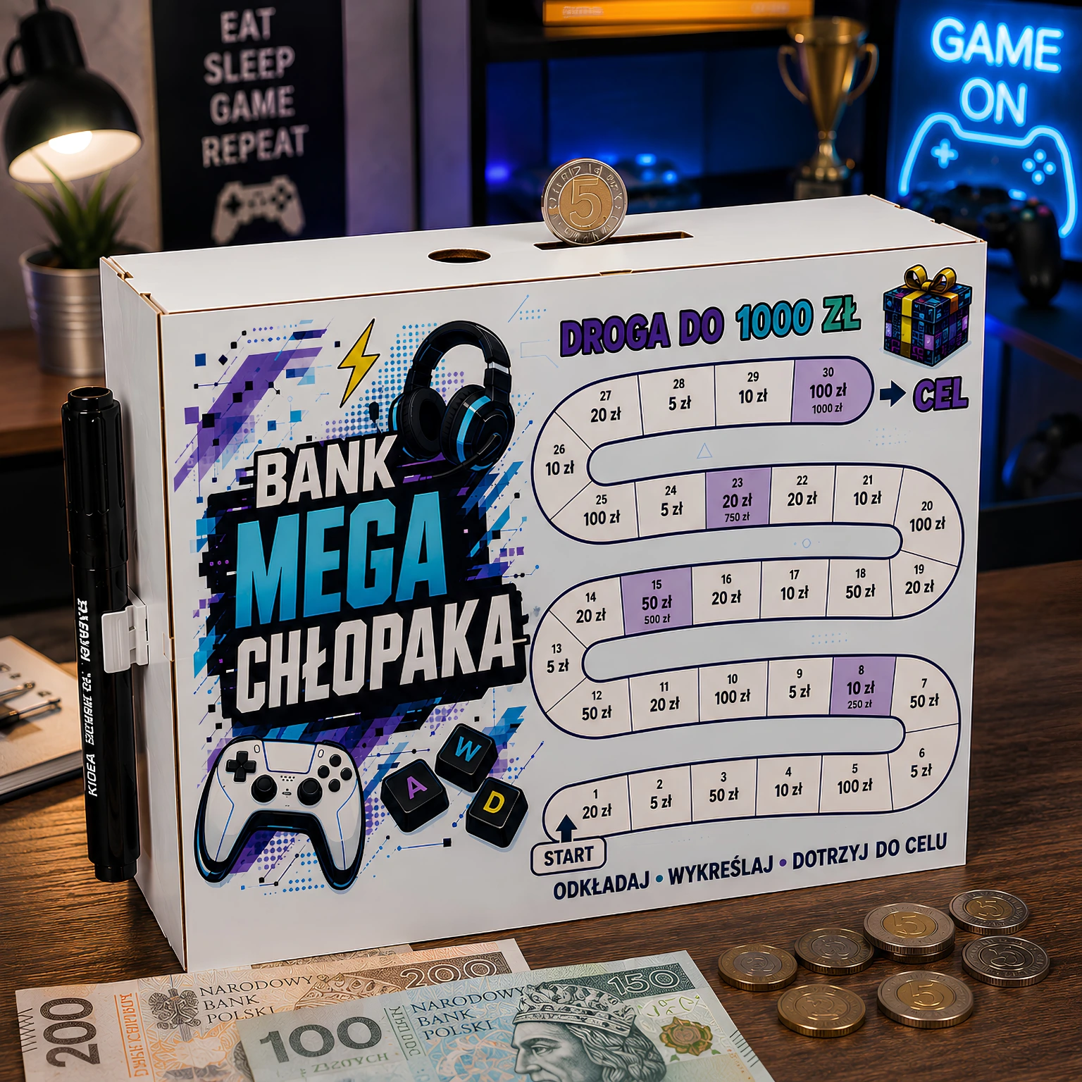 Skarbonka Droga do Celu – wykreślanka – prezent dla chłopaka – wzór Bank Mega Chłopaka – #3423-CHK18