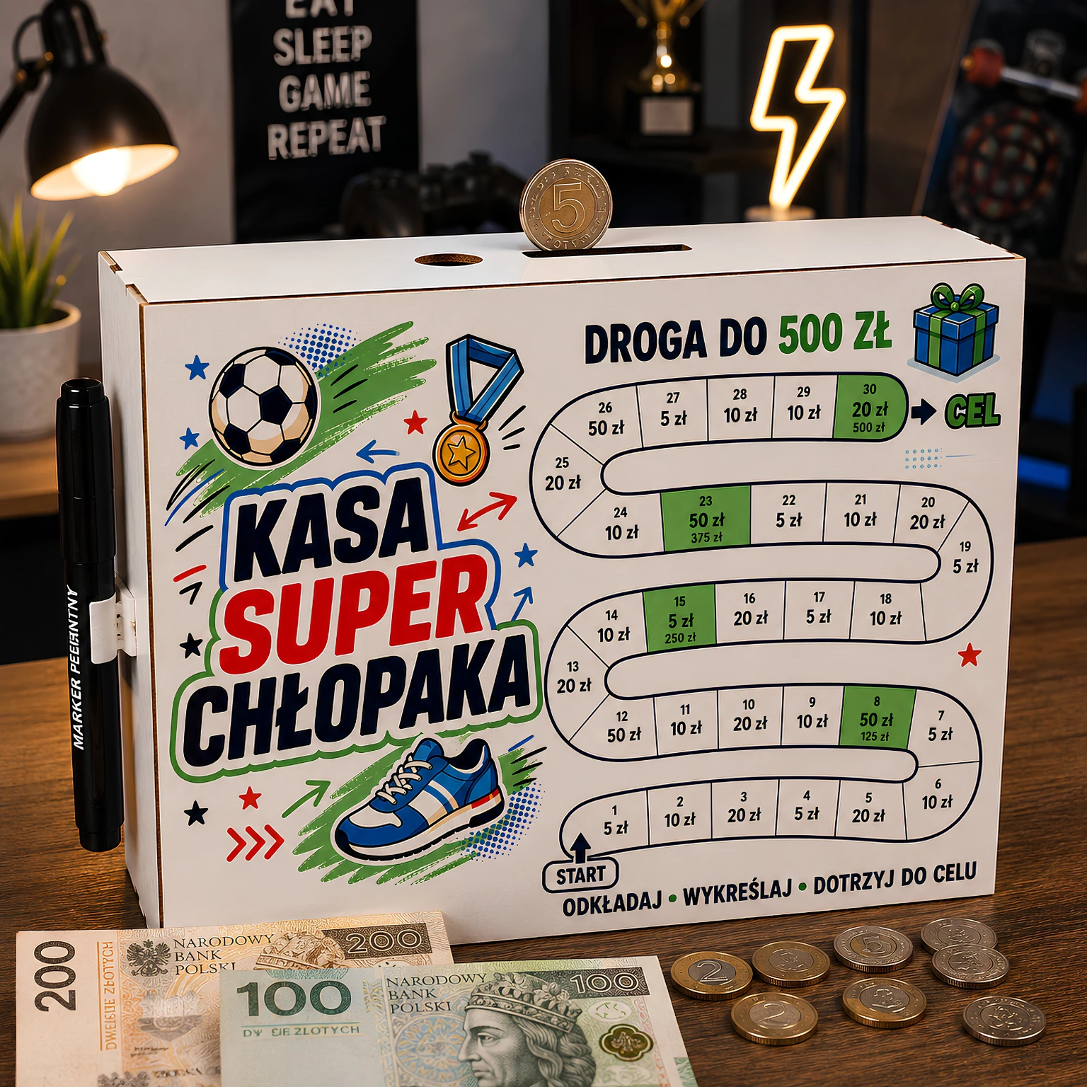 Skarbonka Droga do Celu – wykreślanka – prezent dla chłopaka – wzór Kasa Super Chłopaka (piłka) – #3423-CHK24
