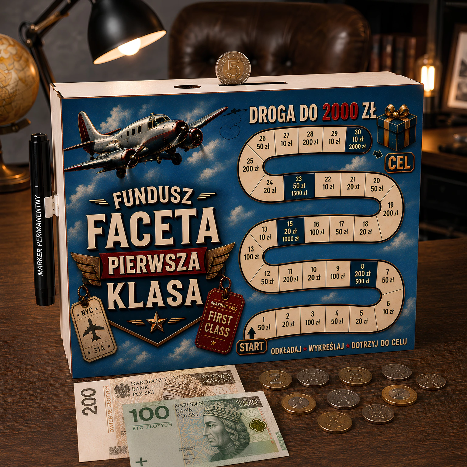 Skarbonka Droga do Celu – wykreślanka – prezent dla faceta – wzór Fundusz Faceta Pierwsza Klasa – #3423-CHK13