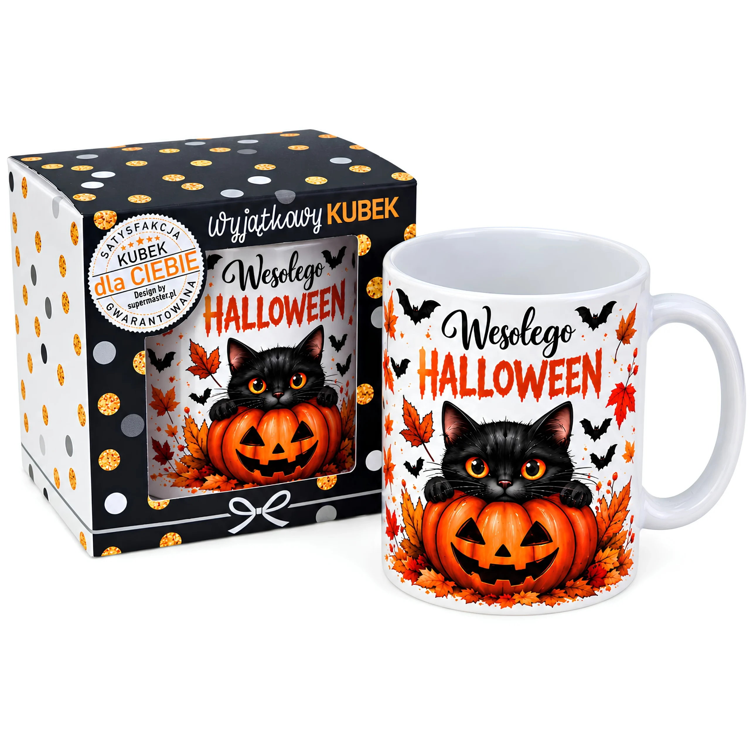 Kubek w opakowaniu na  Halloween – WESOŁEGO HALLOWEEN 1 (kot z dynią) – #3309-H2