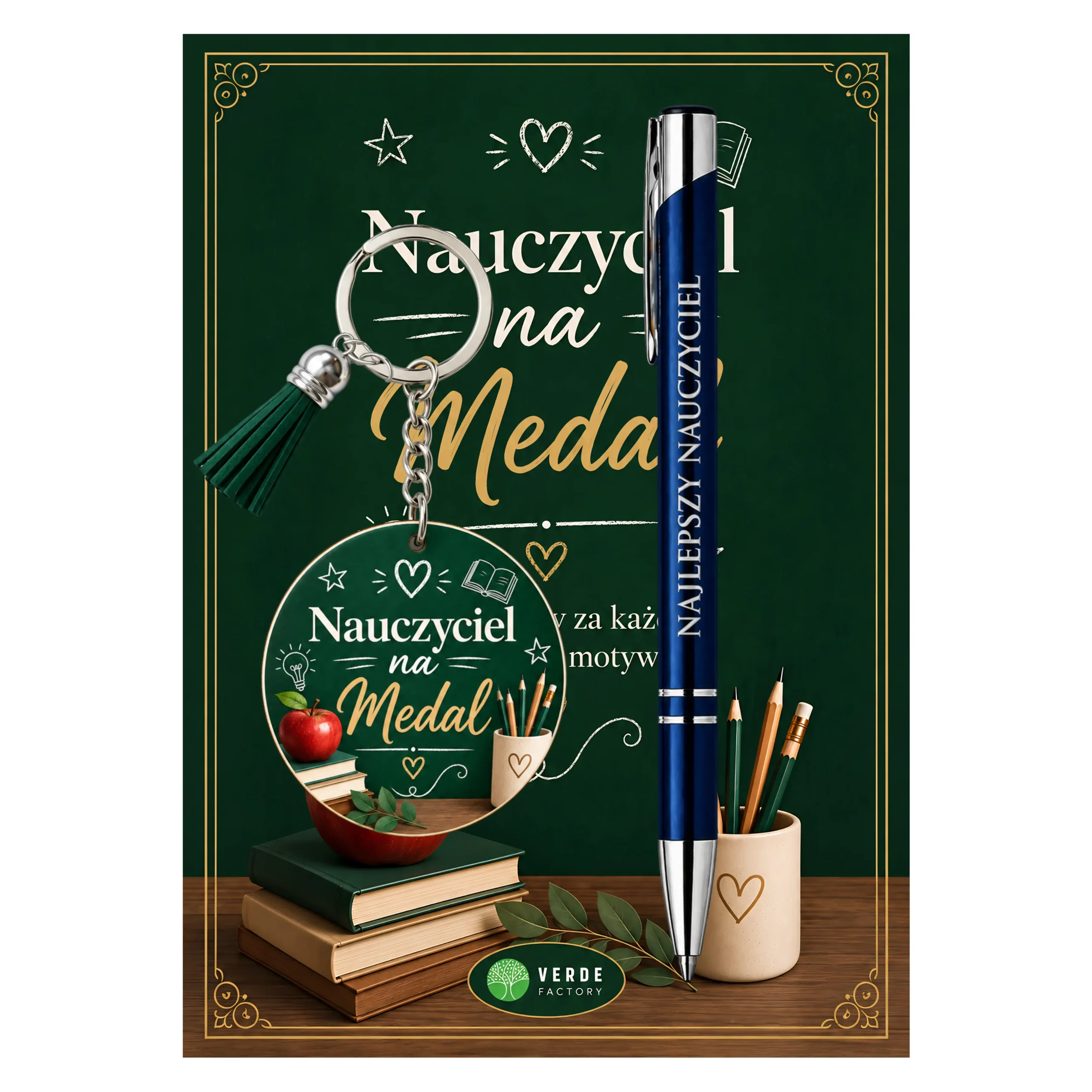 Zestaw brelok i długopis dla Pana Nauczyciela – Nauczyciel na medal (zielony) – #3365-N11