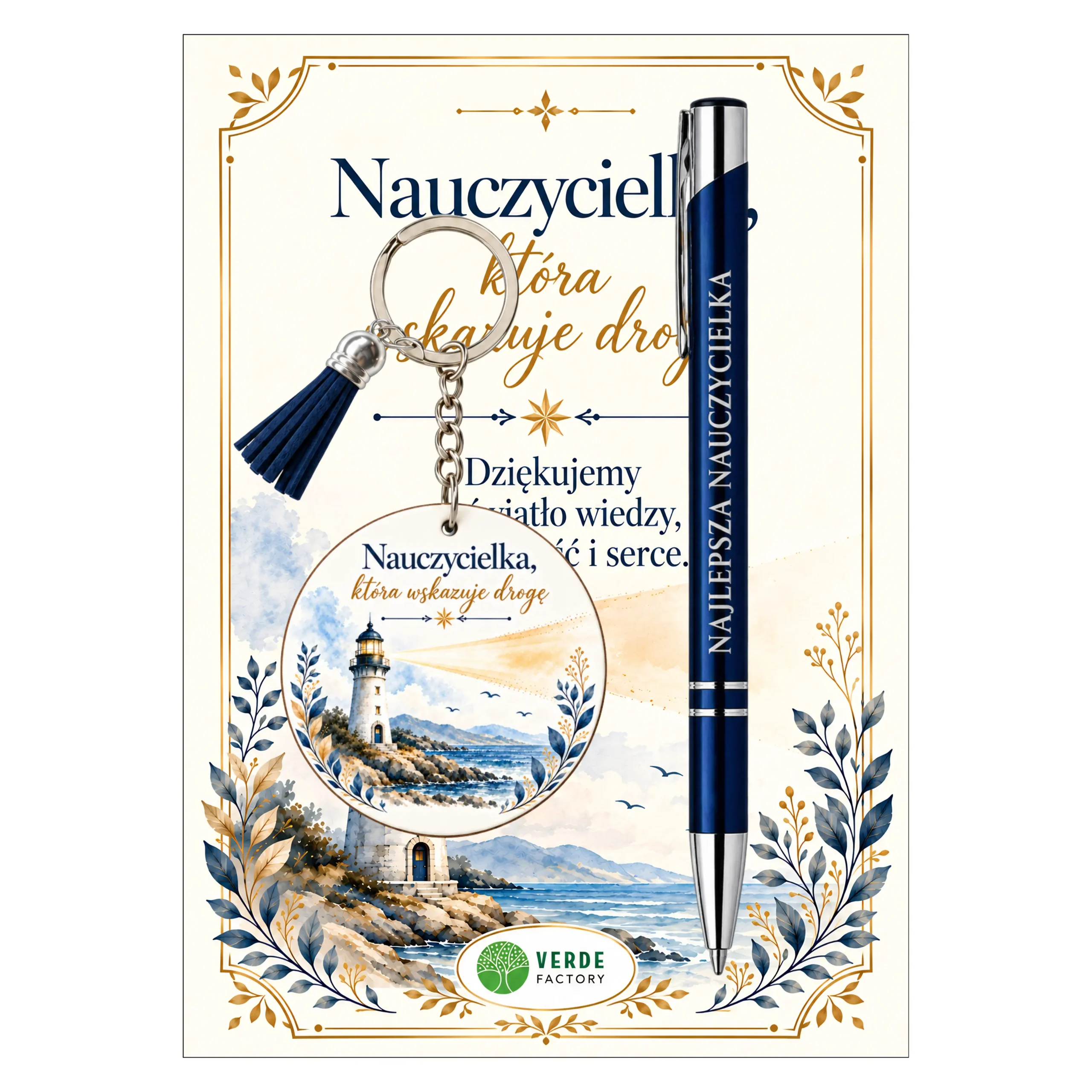 Zestaw brelok i długopis dla Pani Nauczycielki – Nauczycielka, która wskazuje drogę (latarnia) – #3365-N10