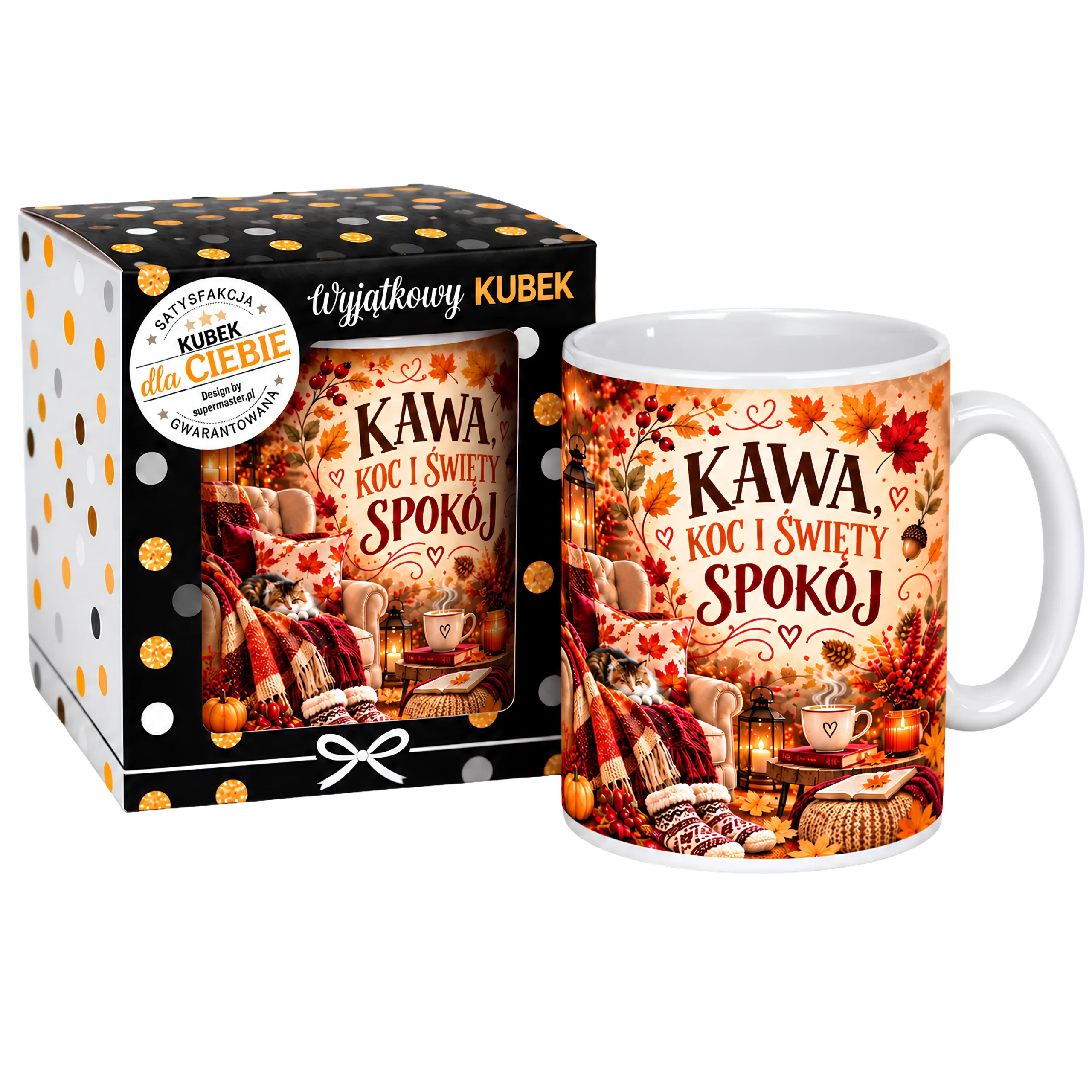 Jesienny Kubek w opakowaniu prezent dla Jesieniary – KAWA, KOC I ŚWIĘTY SPOKÓJ – #3309-J1