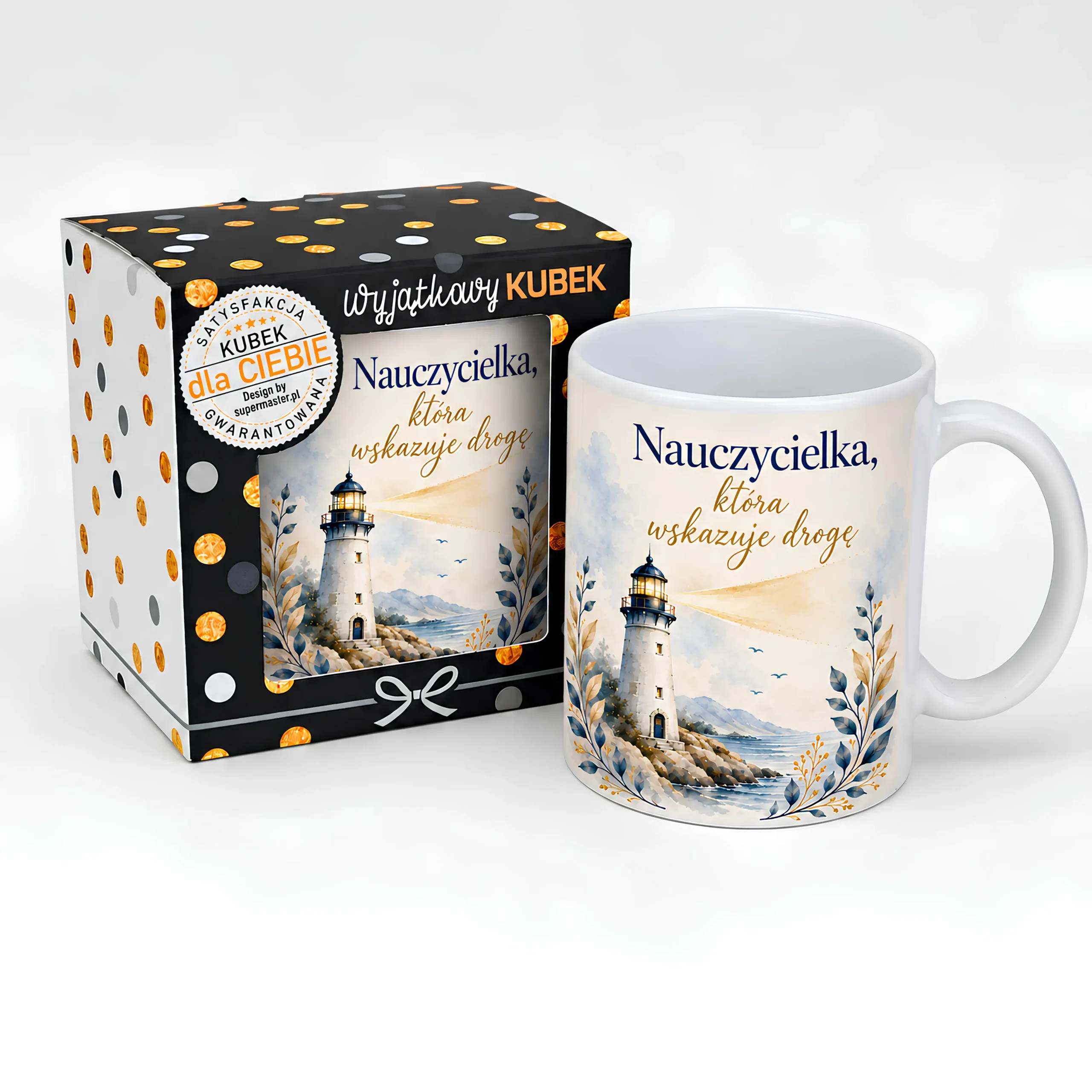 Kubek w opakowaniu prezent dla Nauczycielki – Nauczycielka, która wskazuje drogę (latarnia) – #3309-N10