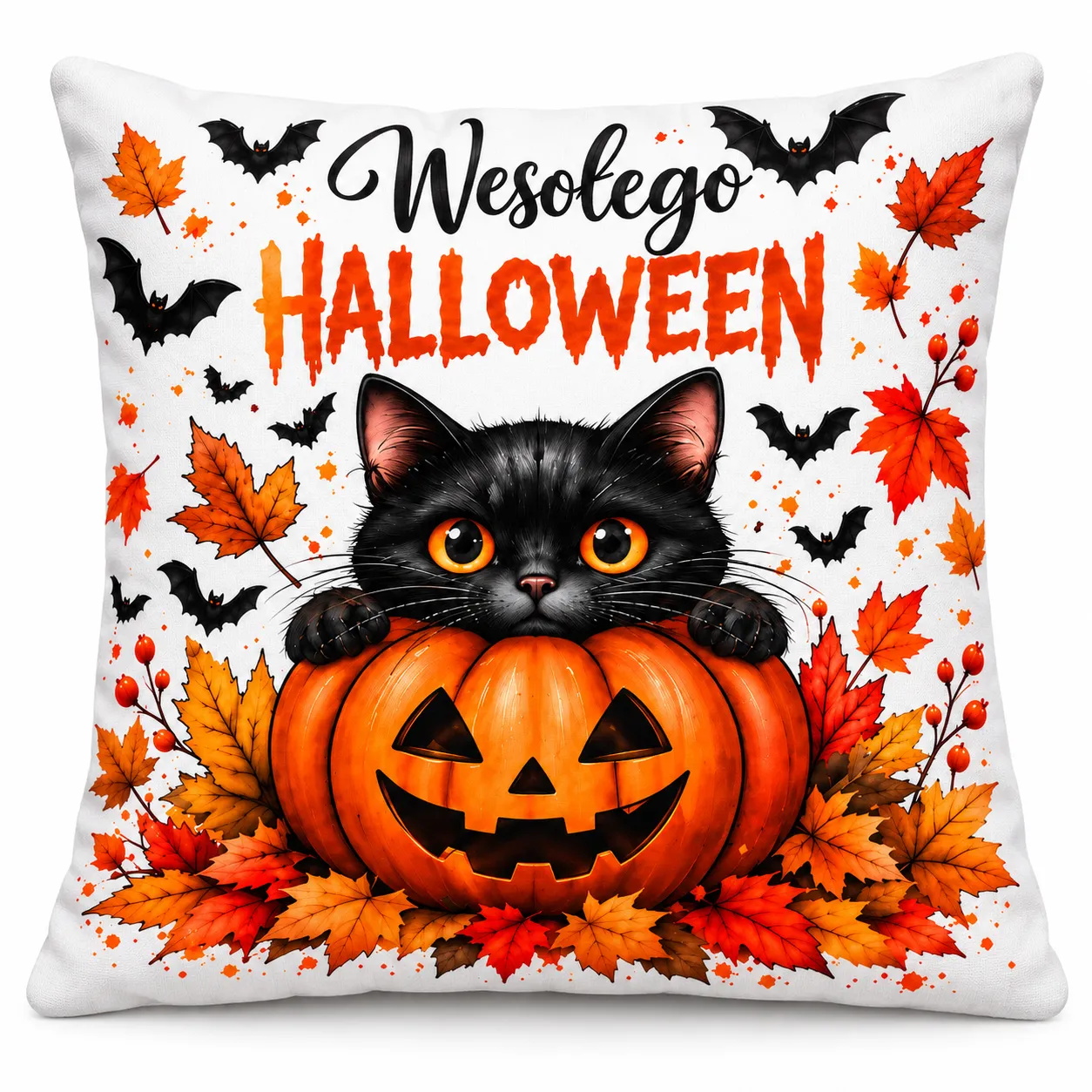 Poduszka na Halloween – WESOŁEGO HALLOWEEN 1 (kot z dynią) – #3335-H2