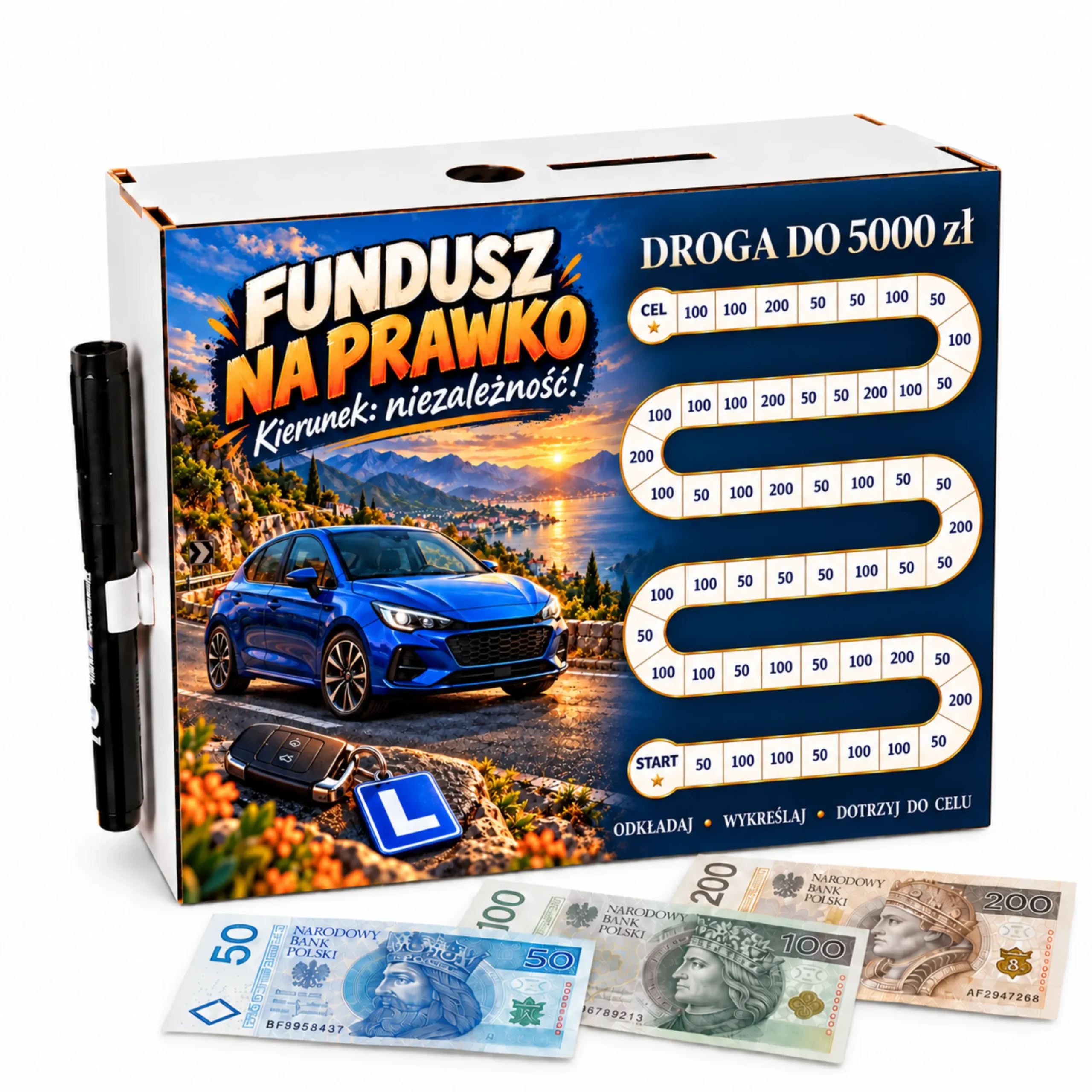 Skarbonka Droga do Celu – wykreślanka – FUNDUSZ NA PRAWKO 5000zł – #3423-OG2