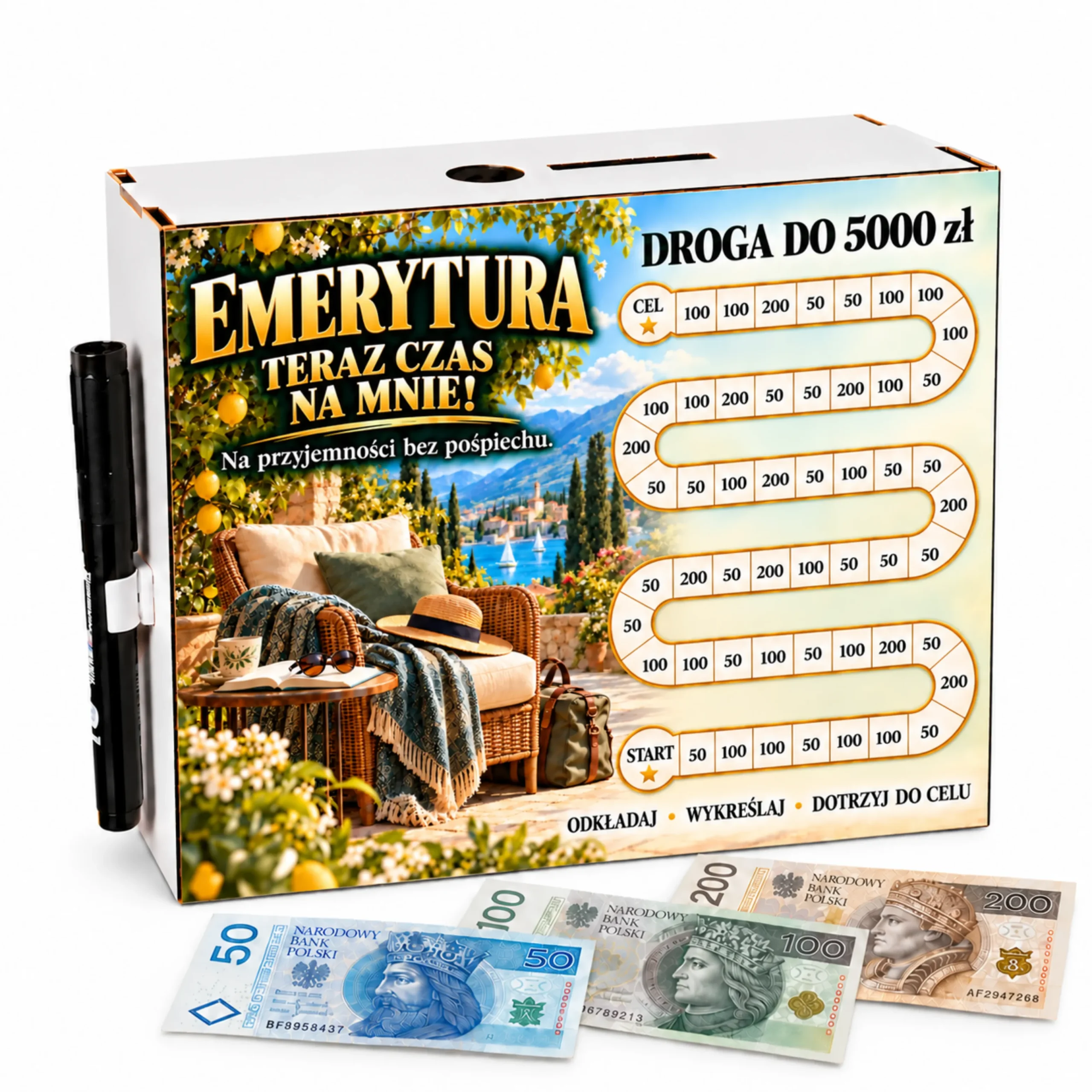 Skarbonka Droga do Celu – wykreślanka – EMERYTURA teraz czas na mnie 5000zł – #3423-OG6