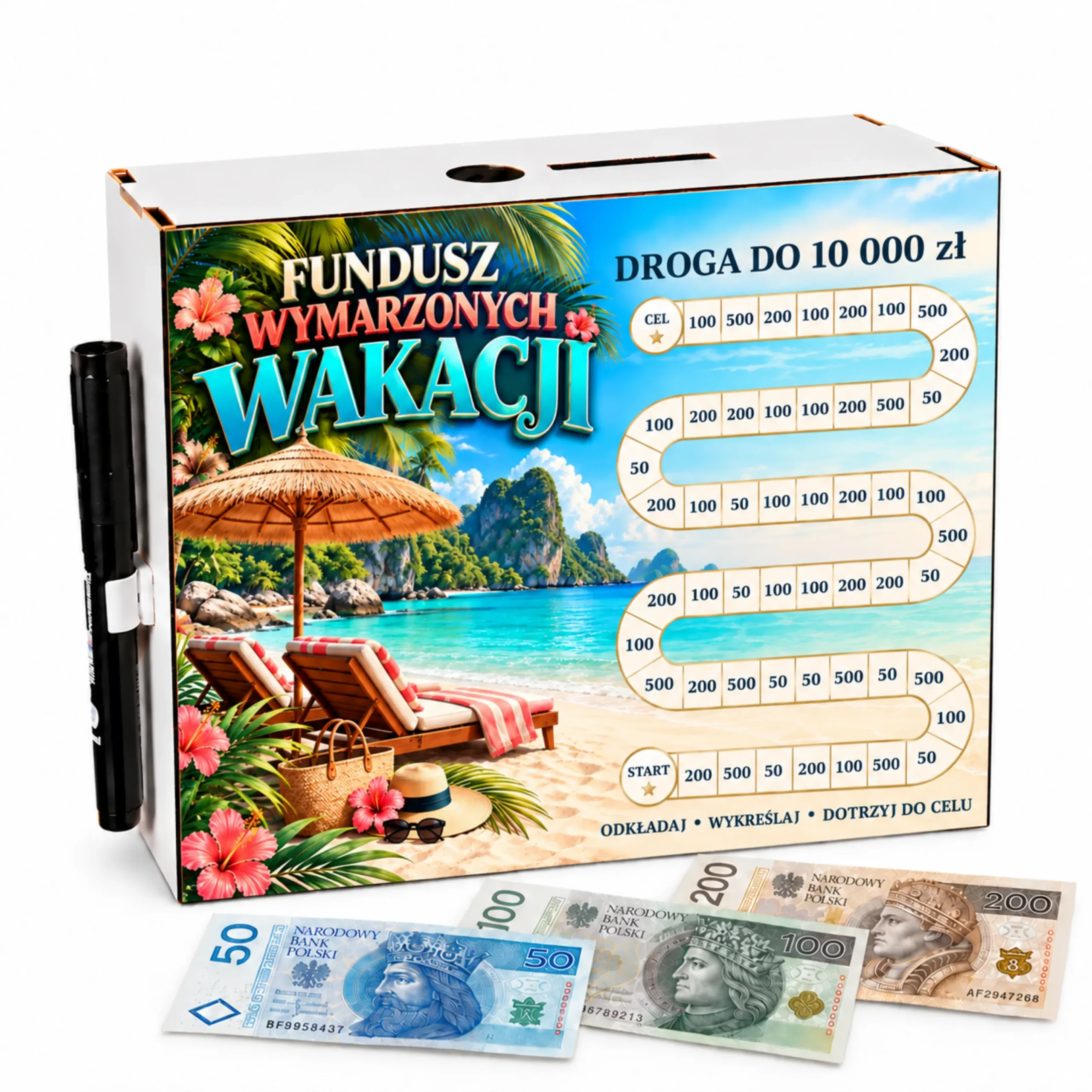 Skarbonka Droga do Celu – wykreślanka – FUNDUSZ WYMARZONYCH WAKACJI 10000zł – #3423-OG14