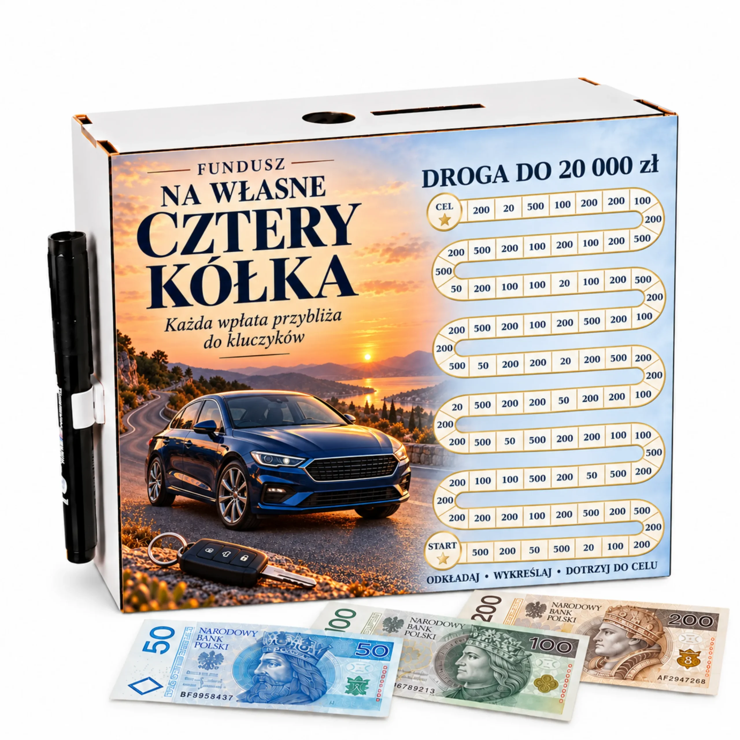 Skarbonka Droga do Celu – wykreślanka – FUNDUSZ NA CZTERY KÓŁKA 20000zł – #3423-OG18