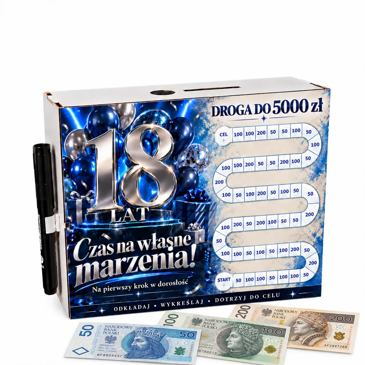 Skarbonka Droga do Celu – wykreślanka – 18 URODZINY – balony niebieskie – #3423-UR18-2