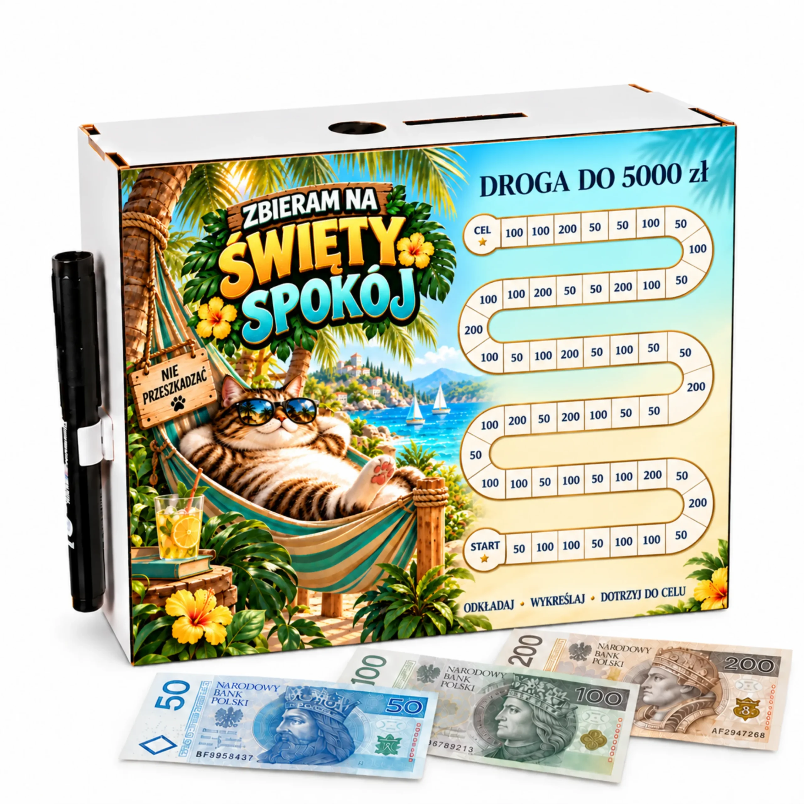 Skarbonka Droga do Celu – wykreślanka – ZBIERAM NA ŚWIĘTY SPOKÓJ 5000zł – #3423-OG3