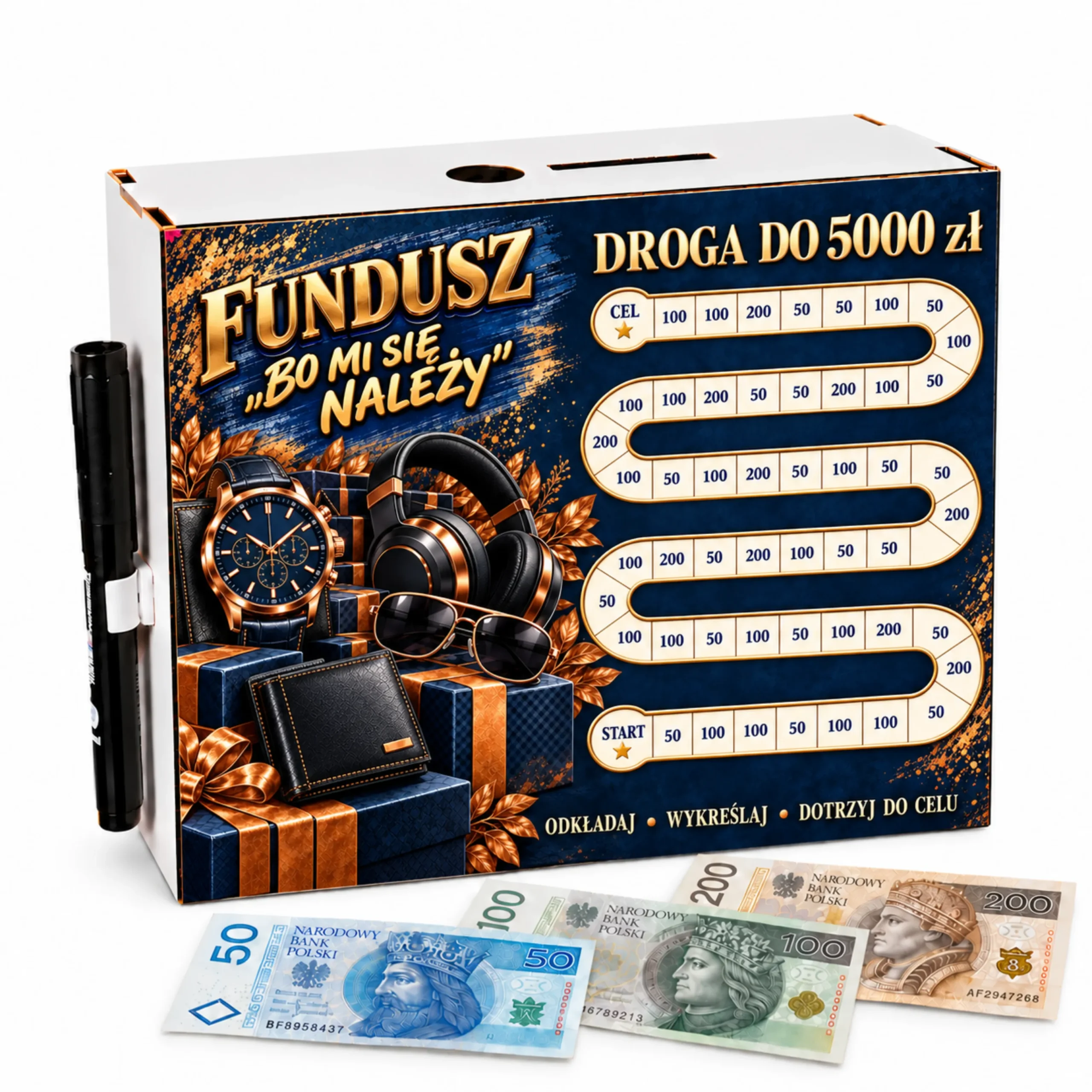 Skarbonka Droga do Celu – wykreślanka – FUNDUSZ „BO MI SIĘ NALEŻY” (męski) 5000zł – #3423-OG5