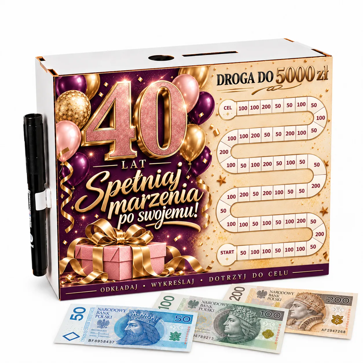Skarbonka Droga do Celu – wykreślanka – 40 URODZINY – różowy prezent – #3423-UR40-8