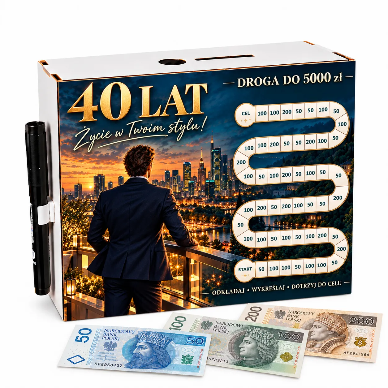 Skarbonka Droga do Celu – wykreślanka – 40 URODZINY – mężczyzna – #3423-UR40-1