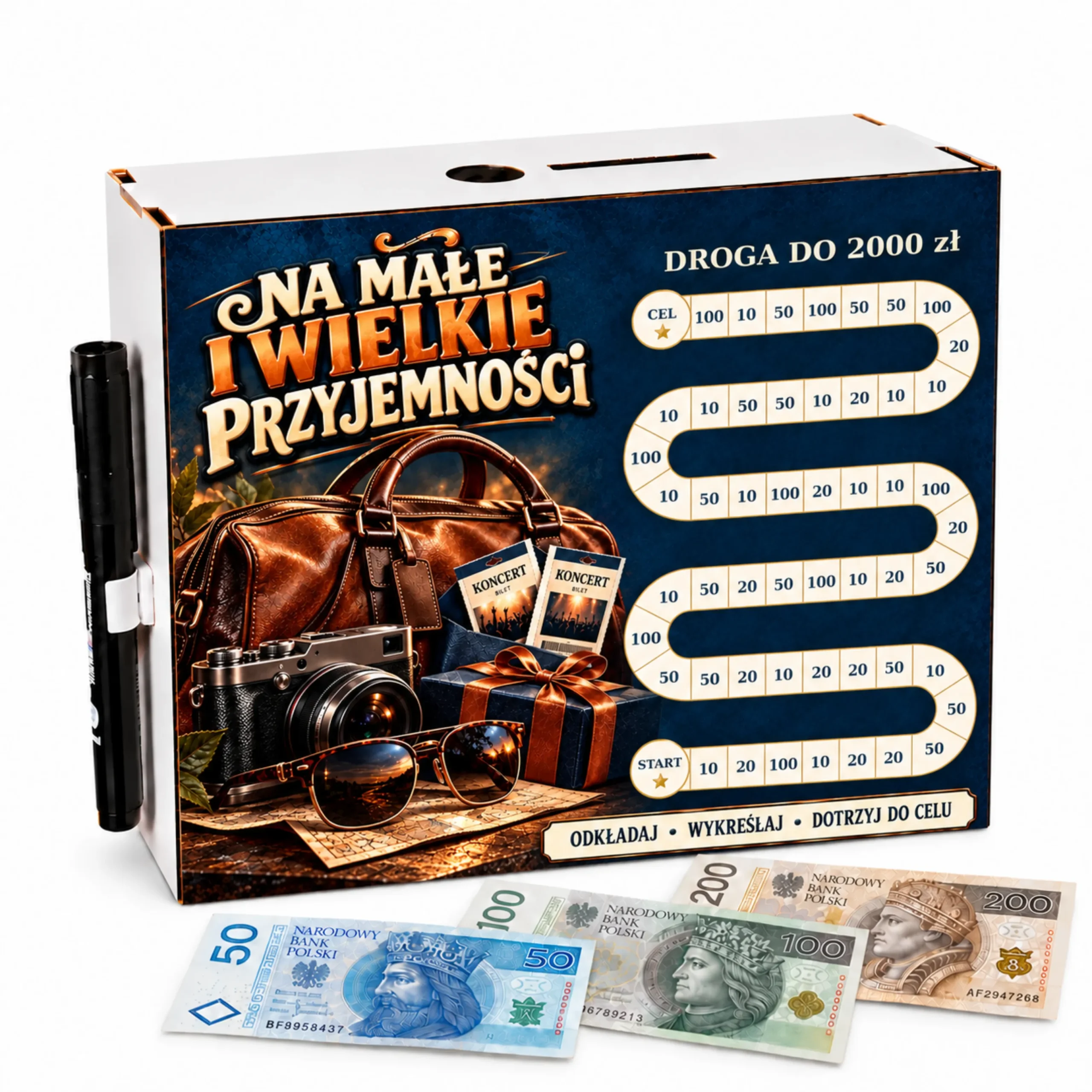 Skarbonka Droga do Celu – wykreślanka – NA MAŁE I WIELKIE PRZYJEMNOŚCI (męski) 2000zł – #3423-OG8