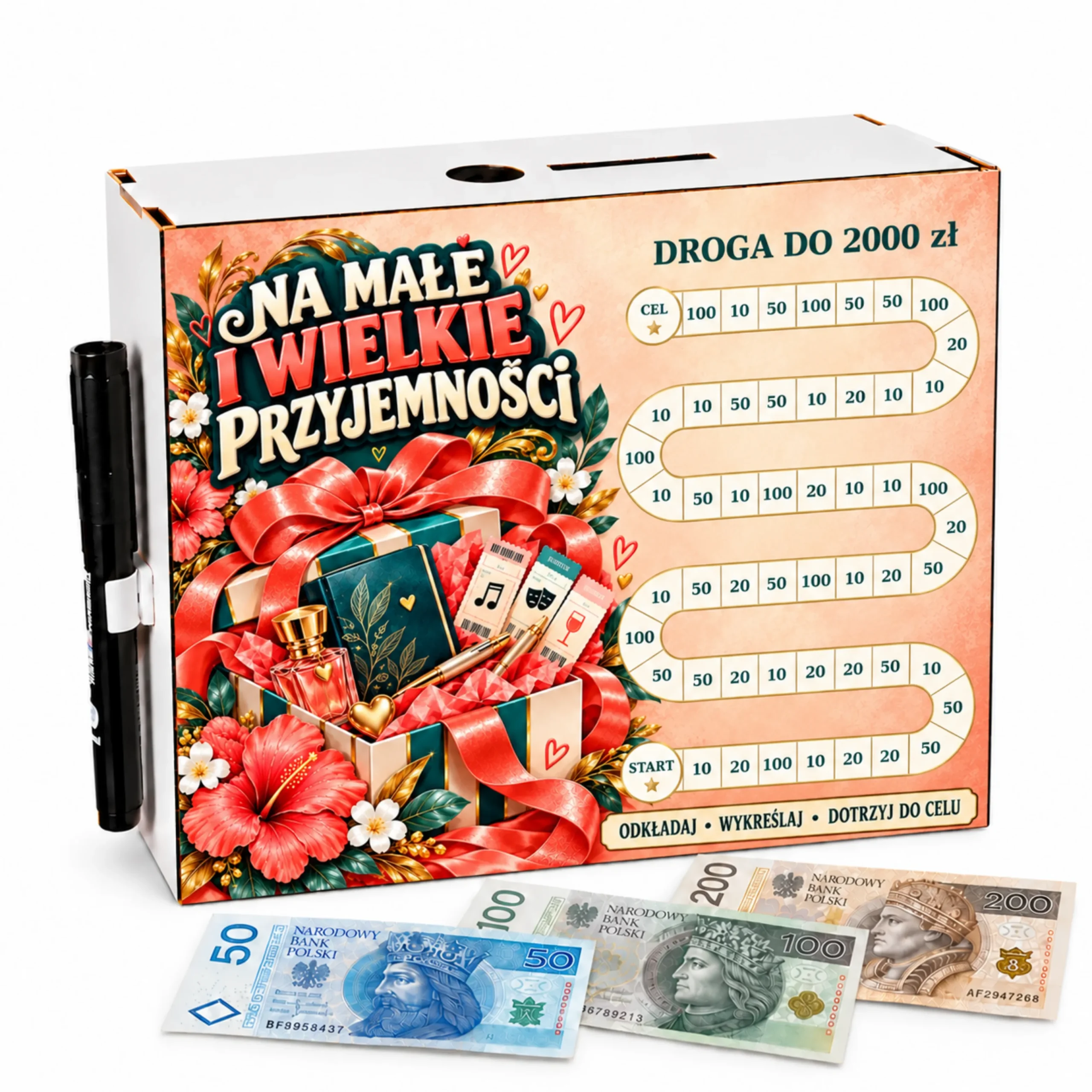 Skarbonka Droga do Celu – wykreślanka – NA MAŁE I WIELKIE PRZYJEMNOŚCI (koral) 2000zł – #3423-OG10