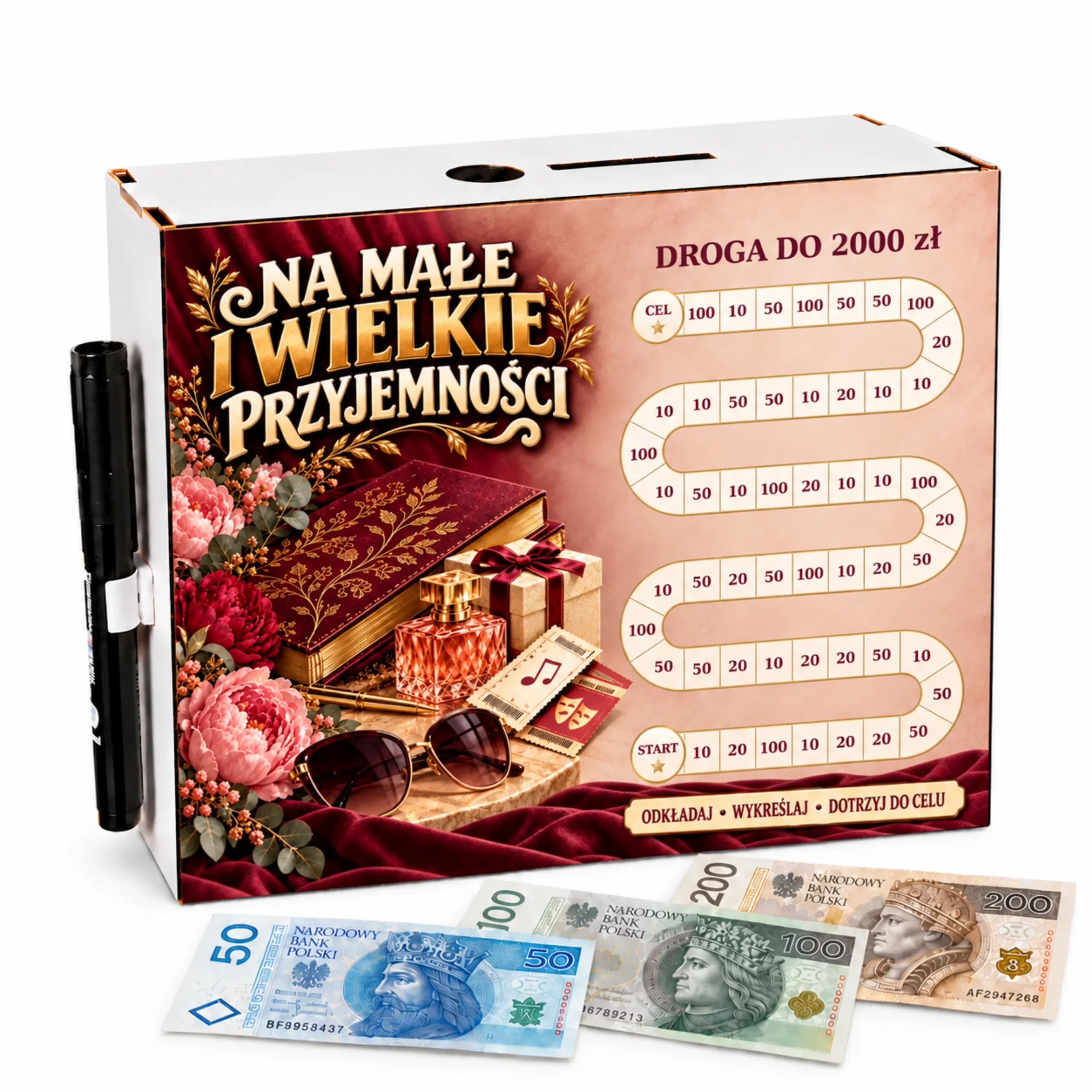 Skarbonka Droga do Celu – wykreślanka – NA MAŁE I WIELKIE PRZYJEMNOŚCI (damski) 2000zł – #3423-OG7