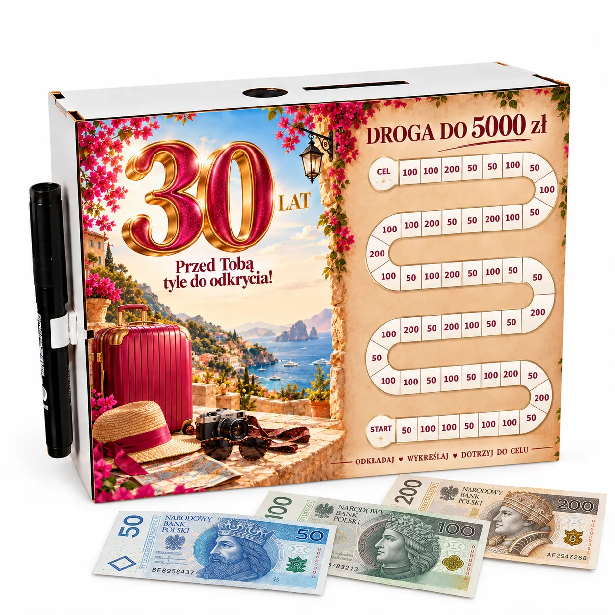 Skarbonka Droga do Celu – wykreślanka – 30 URODZINY – walizka – #3423-UR30-2