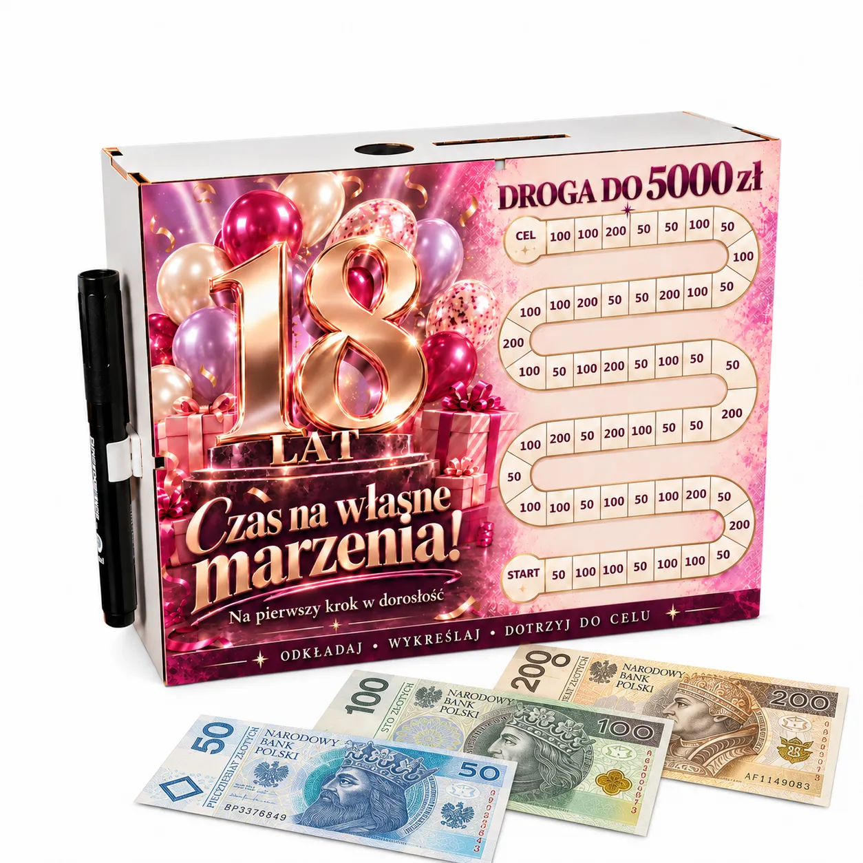Skarbonka Droga do Celu – wykreślanka – 18 URODZINY – balony różowe – #3423-UR18-1