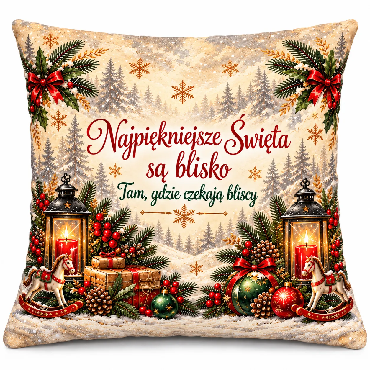Poduszka świąteczna na mikołajki Boże Narodzenie – NAJPIĘKNIEJSZE ŚWIĘTA SĄ BLISKO (konik) – #3335BN19-26