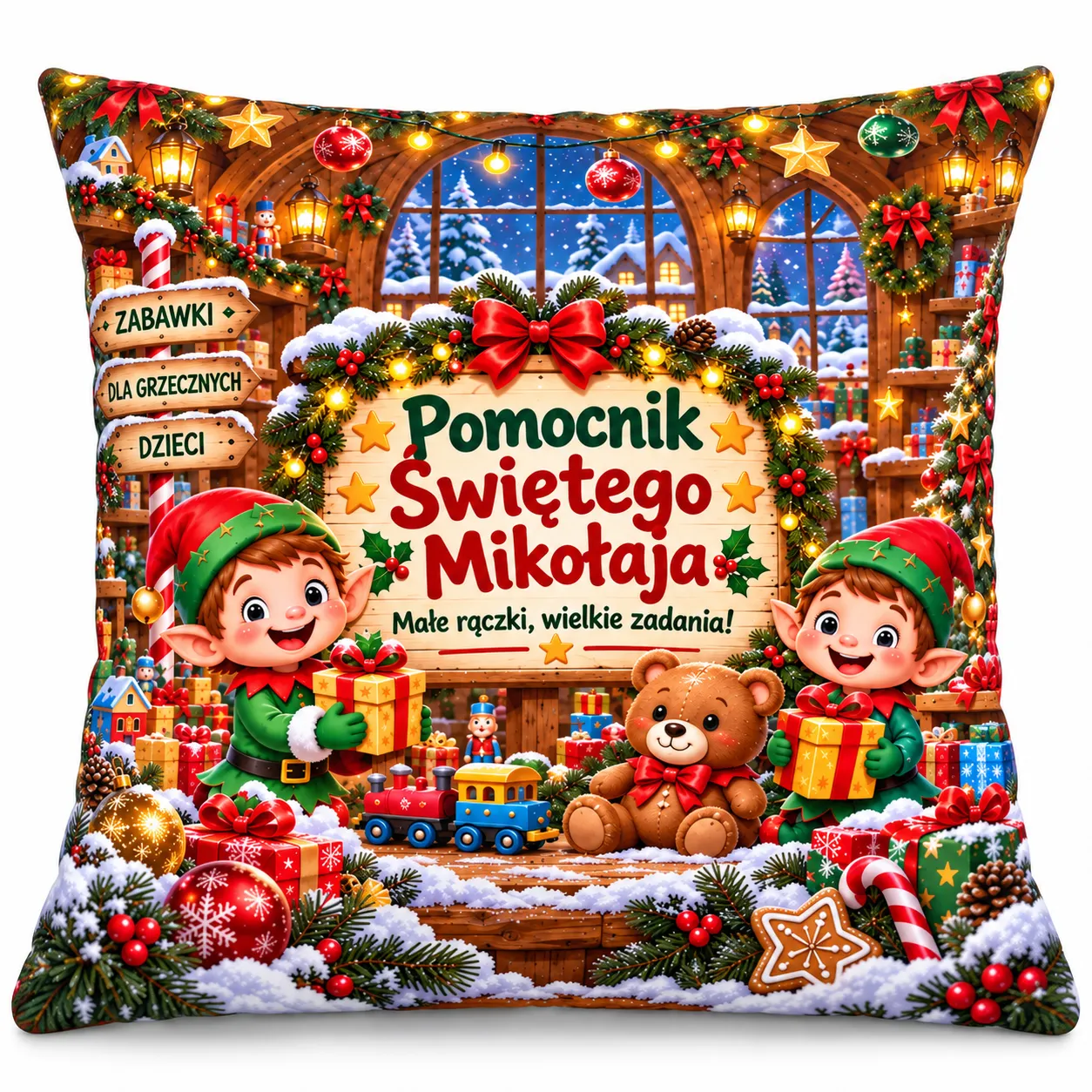 Poduszka świąteczna na mikołajki Boże Narodzenie – POMOCNIK ŚWIĘTEGO MIKOŁAJA (elfy) – #3335BN8-26