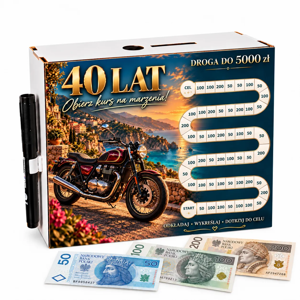 Skarbonka Droga do Celu – wykreślanka – 40 URODZINY – motor – #3423-UR40-2