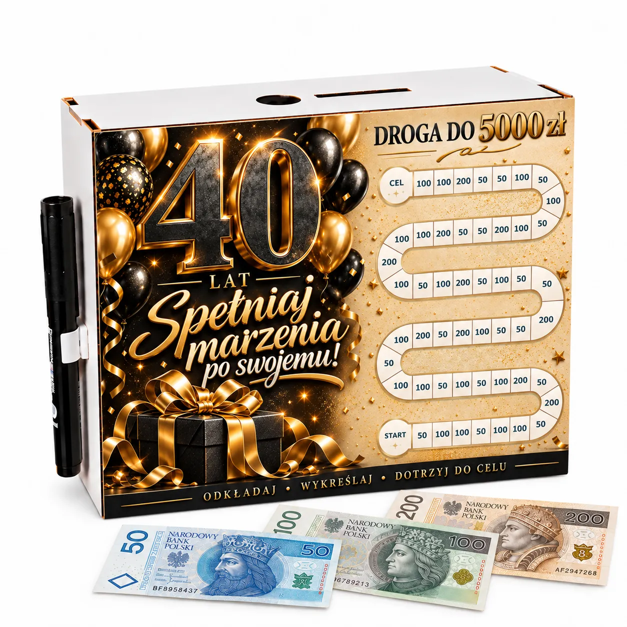 Skarbonka Droga do Celu – wykreślanka – 40 URODZINY – czarny prezent – #3423-UR40-3