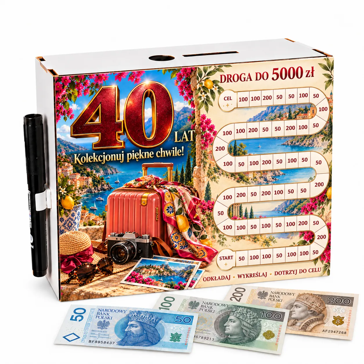 Skarbonka Droga do Celu – wykreślanka – 40 URODZINY – koralowa walizka – #3423-UR40-7