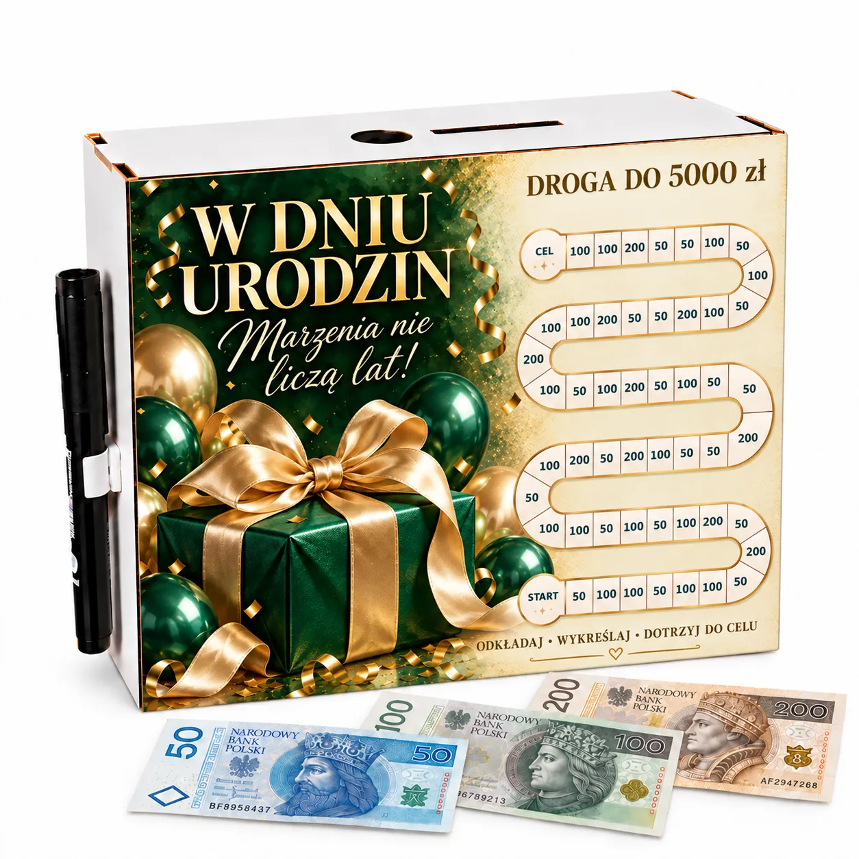 Skarbonka Droga do Celu – wykreślanka – URODZINY – szmaragdowy prezent – #3423-UR-3