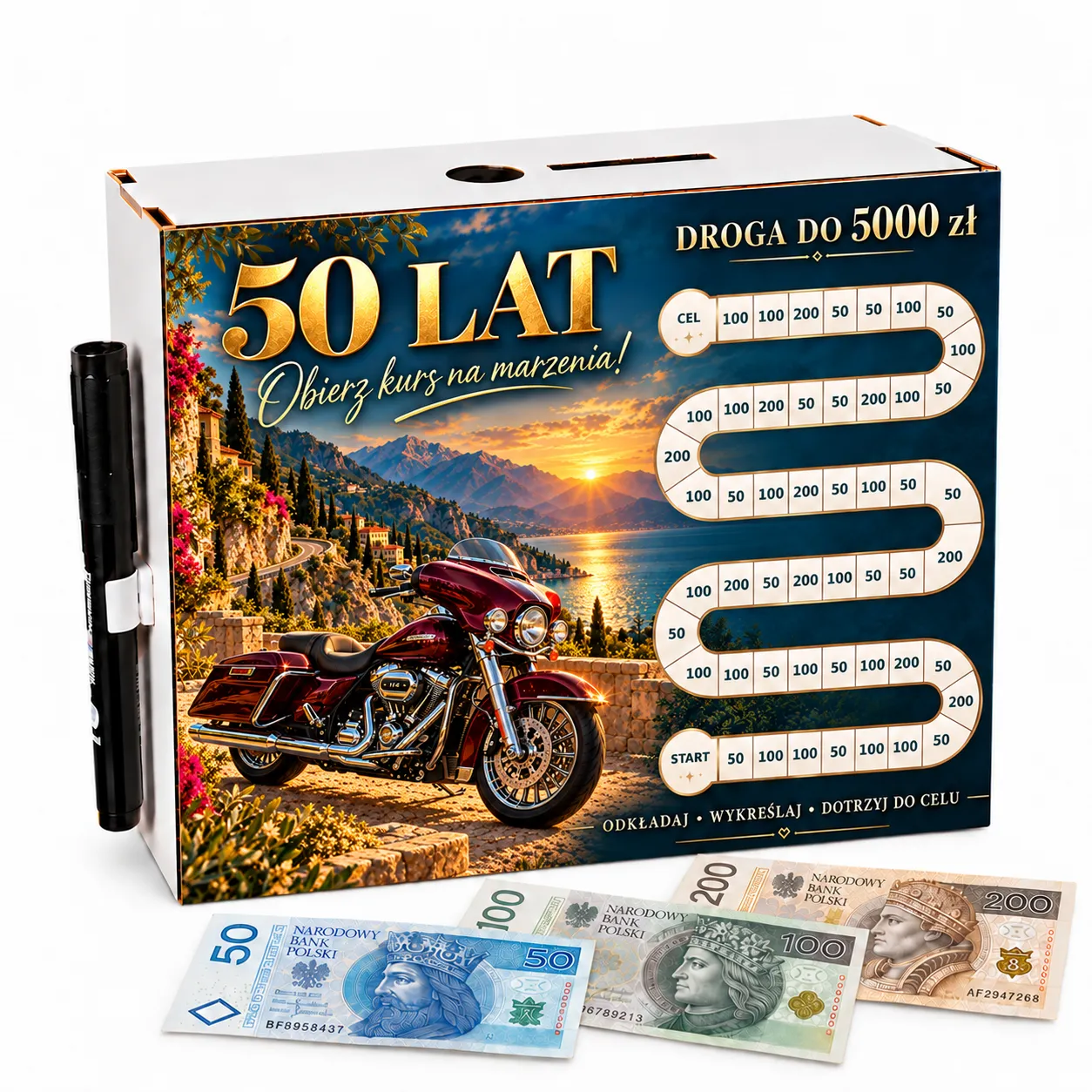 Skarbonka Droga do Celu – wykreślanka – 50 URODZINY – motor – #3423-UR50-7