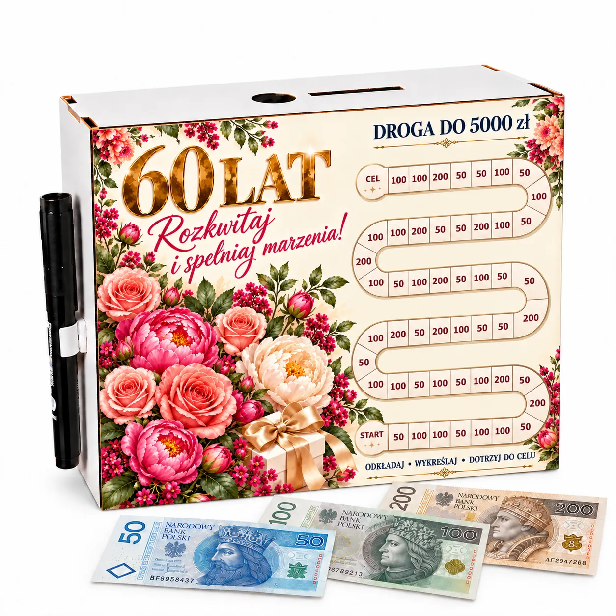 Skarbonka Droga do Celu – wykreślanka – 60 URODZINY – róże i piwonie – #3423-UR60-6