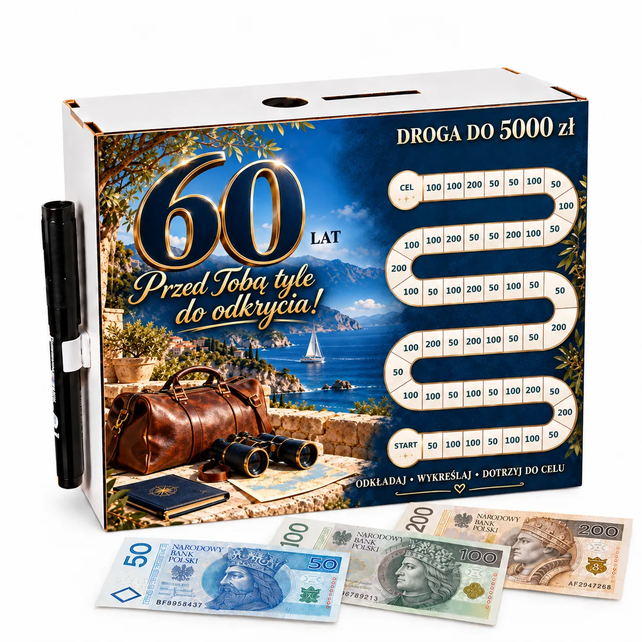 Skarbonka Droga do Celu – wykreślanka – 60 URODZINY – torba i lornetka – #3423-UR60-3