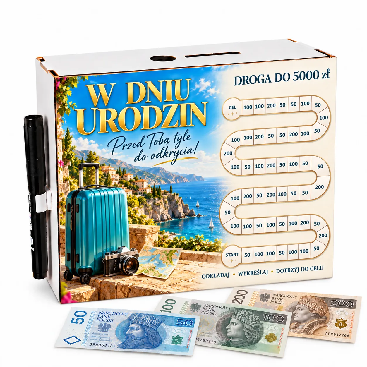 Skarbonka Droga do Celu – wykreślanka – URODZINY – podróże – #3423-UR-5