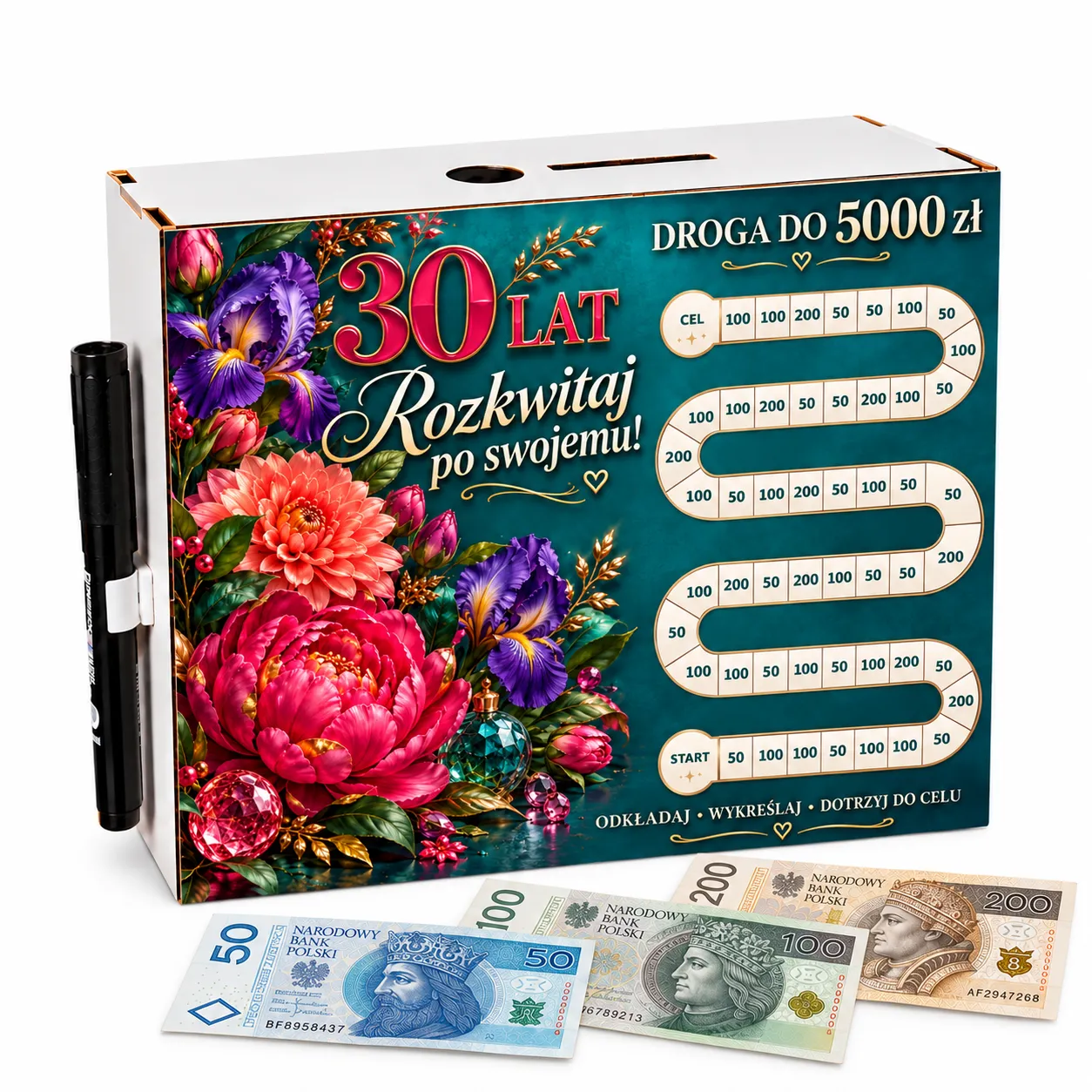 Skarbonka Droga do Celu – wykreślanka – 30 URODZINY – kwiaty – #3423-UR30-1