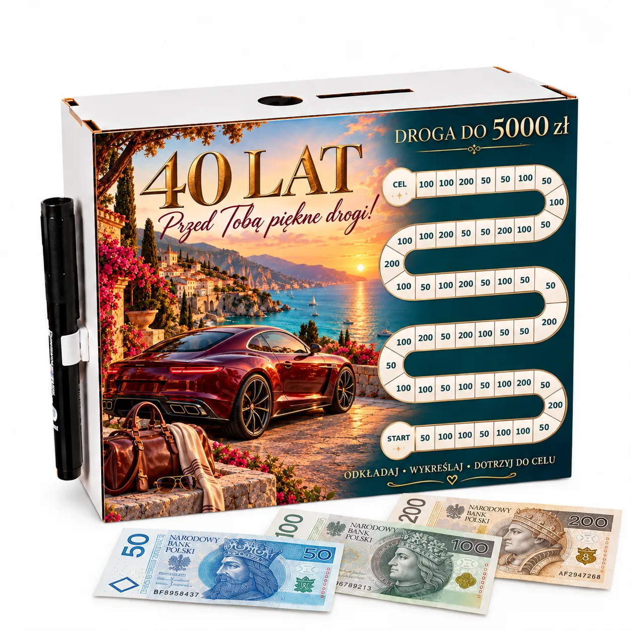 Skarbonka Droga do Celu – wykreślanka – 40 URODZINY – bordowe auto – #3423-UR40-6