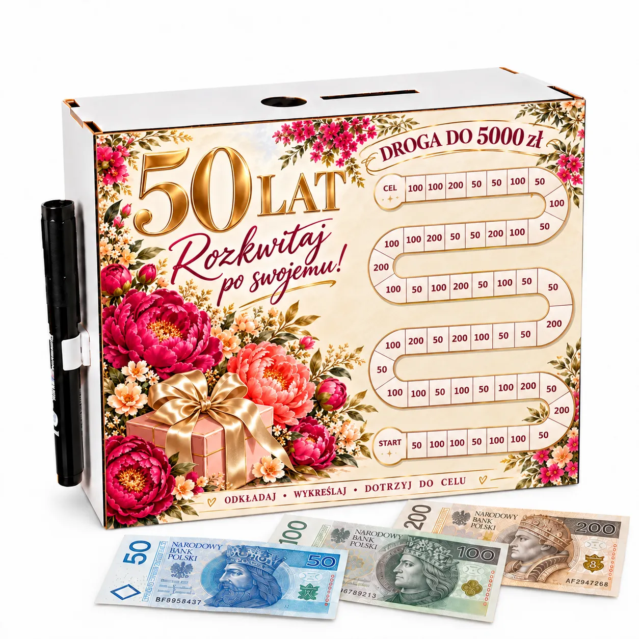Skarbonka Droga do Celu – wykreślanka – 50 URODZINY – peonie i prezent – #3423-UR50-6