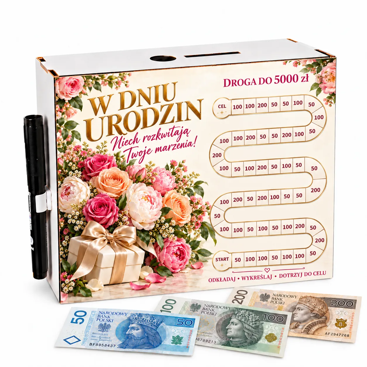 Skarbonka Droga do Celu – wykreślanka – URODZINY – kwiaty – #3423-UR-4
