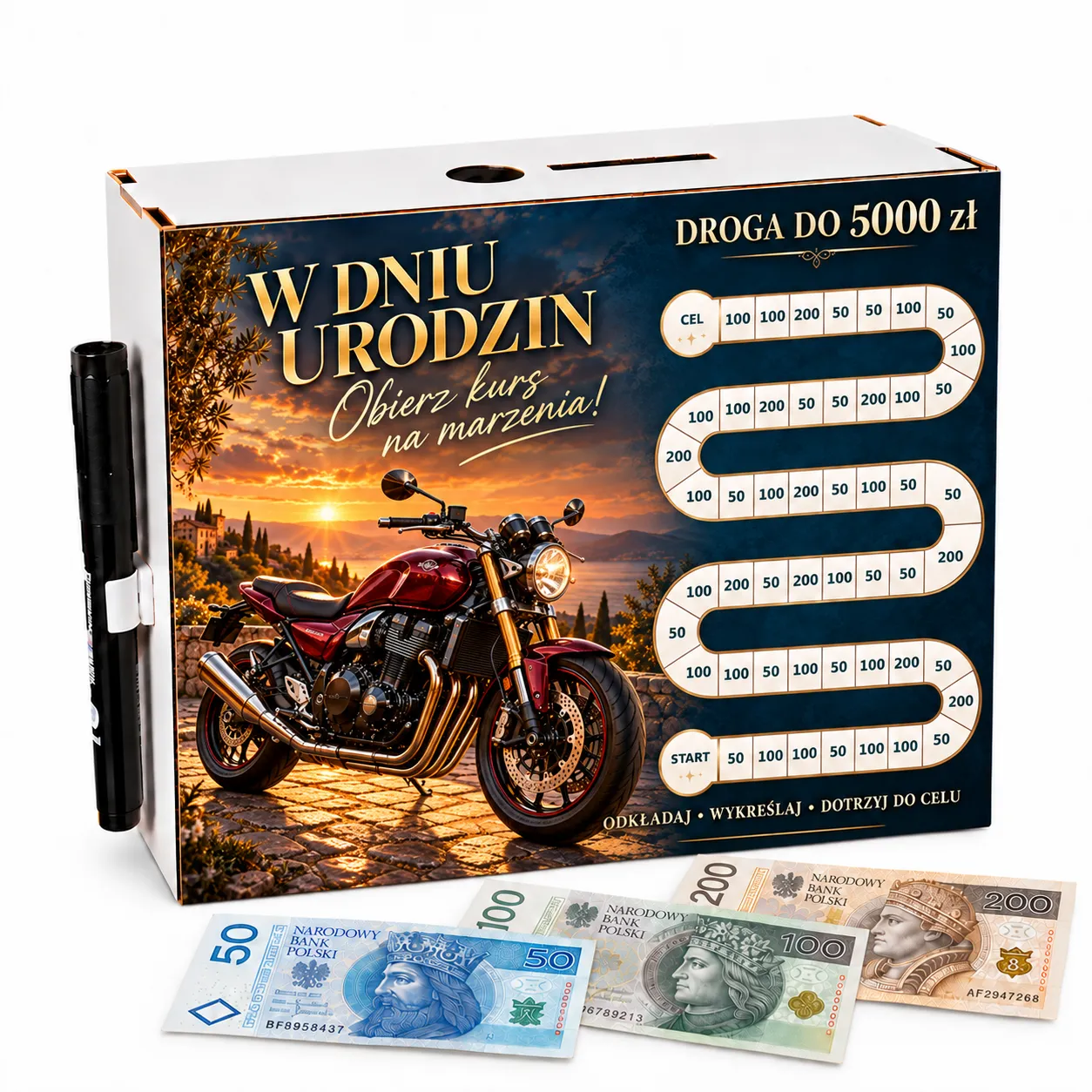 Skarbonka Droga do Celu – wykreślanka – URODZINY – motocykl – #3423-UR-6