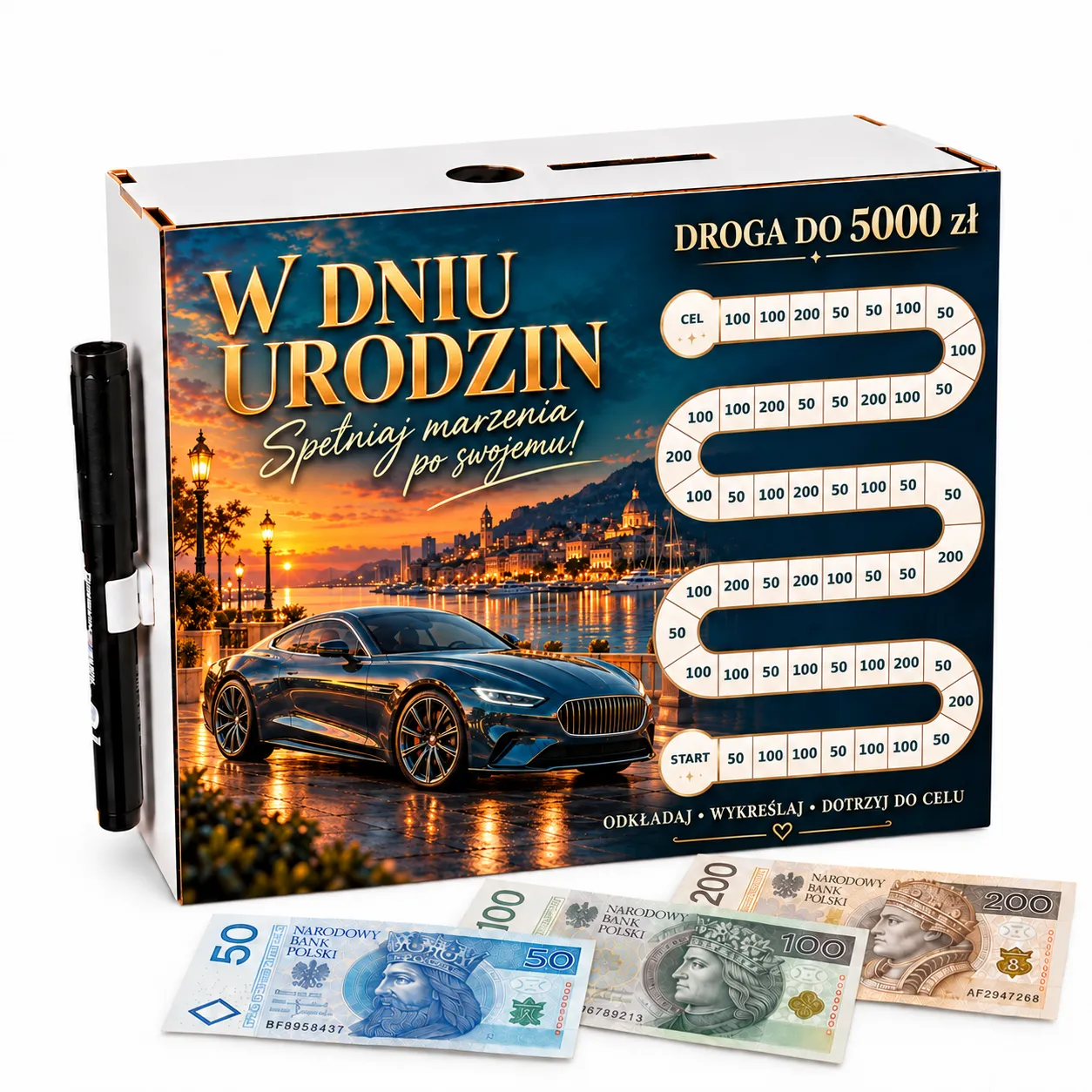 Skarbonka Droga do Celu – wykreślanka – URODZINY – samochód – #3423-UR-2